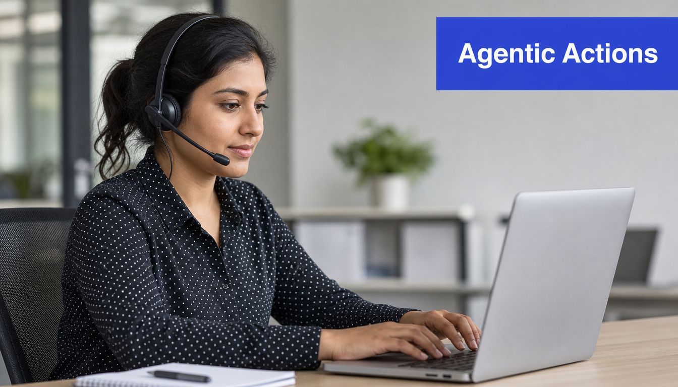 A professional customer service representative wearing a headset while typing on a laptop in an office.