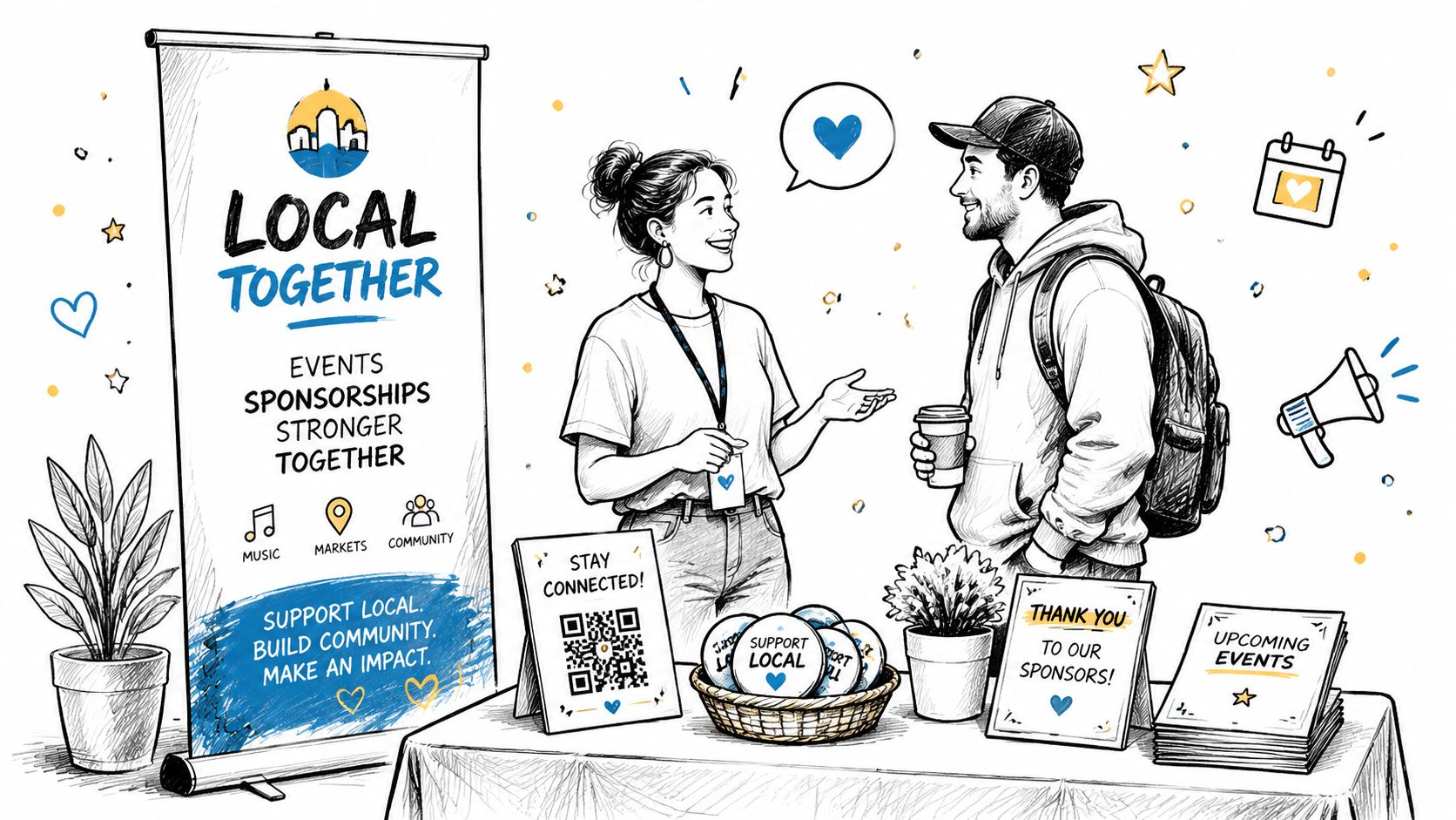 A woman and man discussing at a Local Together community event table with banners and materials.