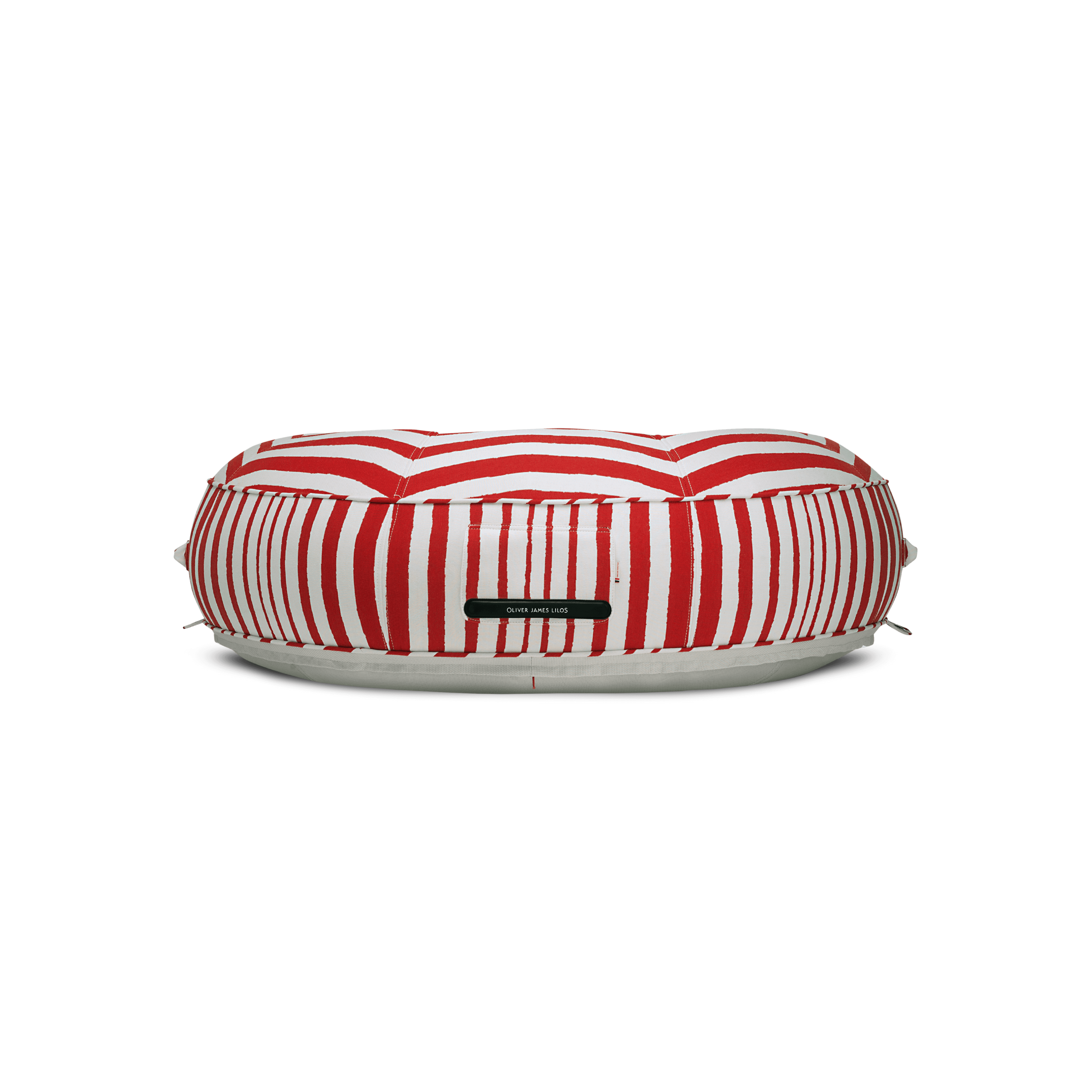 Ring pool float showing multi-colour irregular-stripe panels and beige basket-weave base