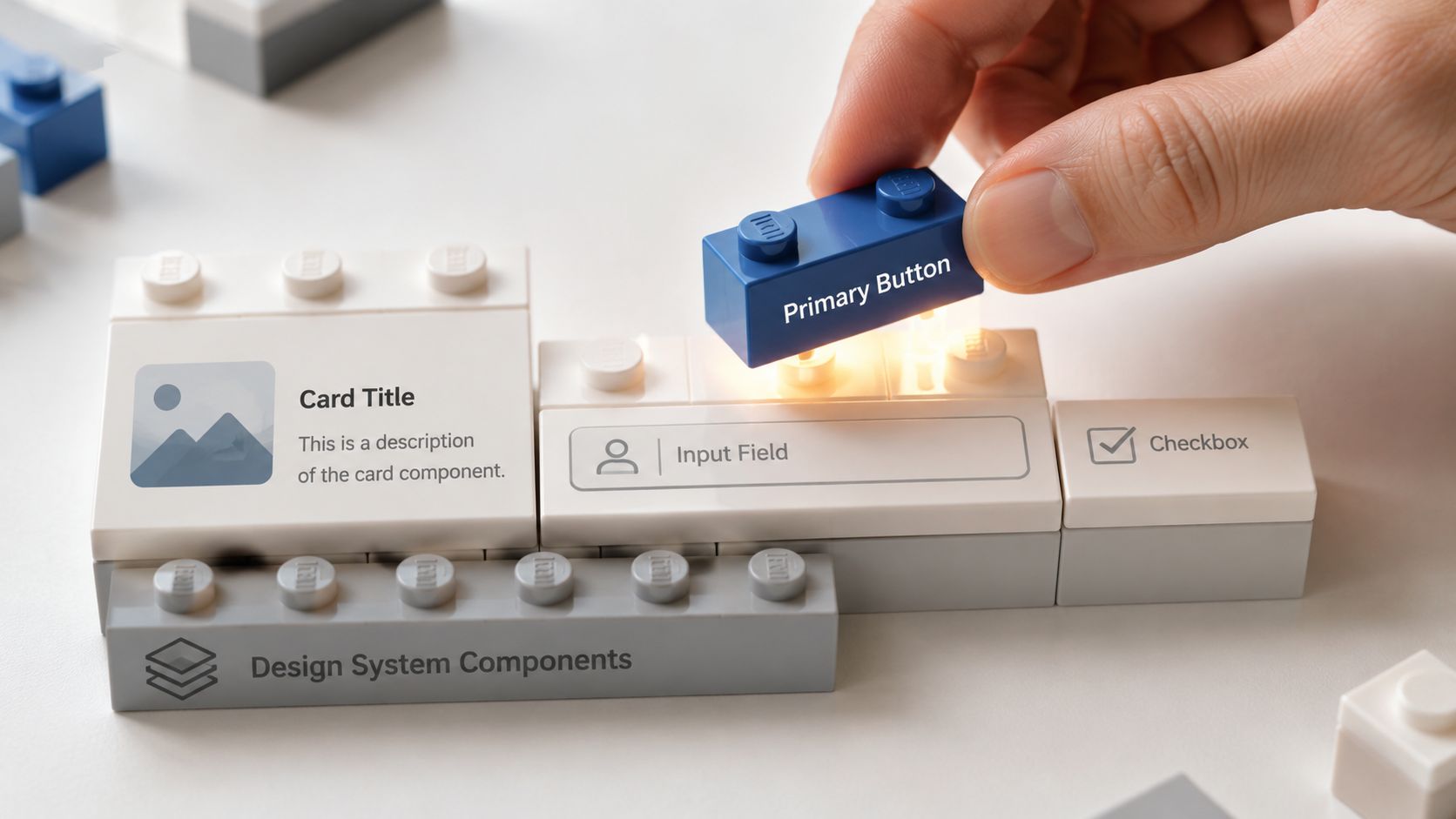 A hand placing a blue LEGO brick labeled Primary Button onto a design system components build.