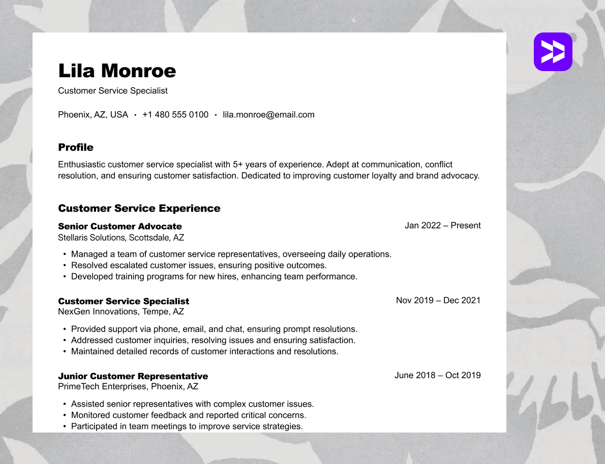 Customer service resume example on a clean textured background