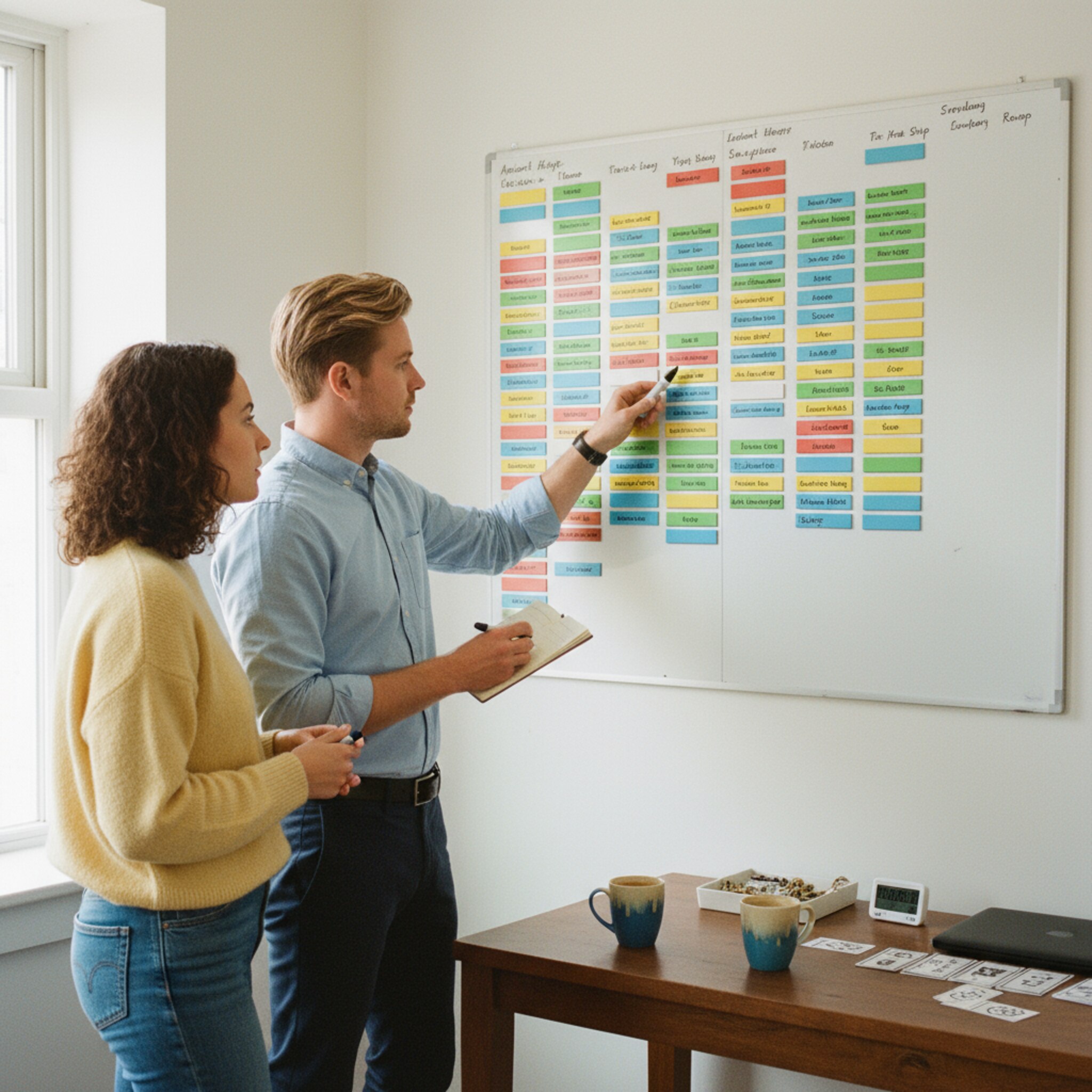 Im Backoffice stehen zwei Gamemaster vor einem Whiteboard mit farbigen Magnetstreifen. Sie tauschen kurze Hinweise zu Raumwechseln und Requisiten. Sonnenlicht fällt über Kaffeetassen und markiert die Schichtreihen. Man spürt eingespielte Routine und klare Absprachen.