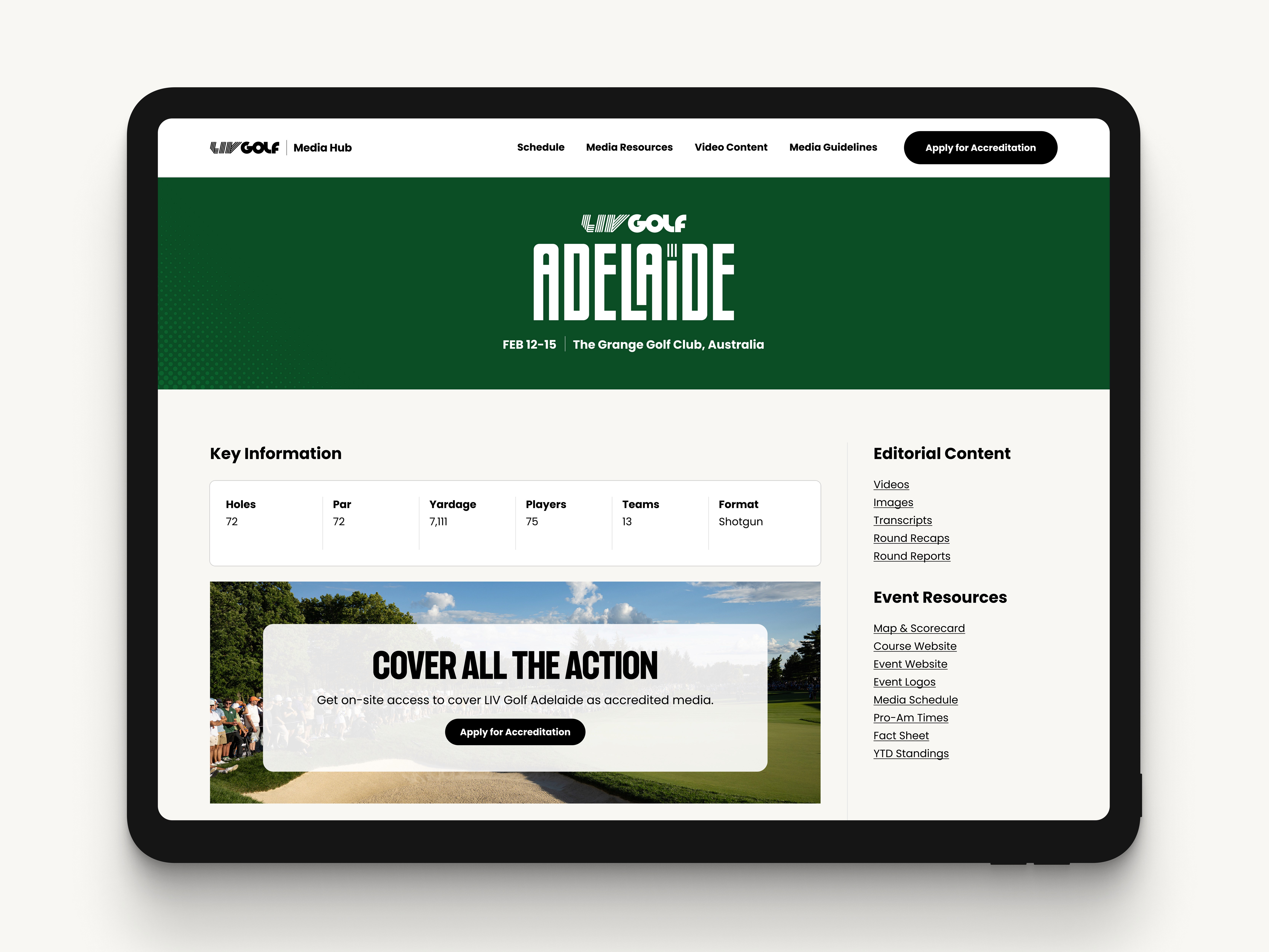 LIV Golf Media Hub event page template organizing tournament information, editorial content, resources, and accreditation access.