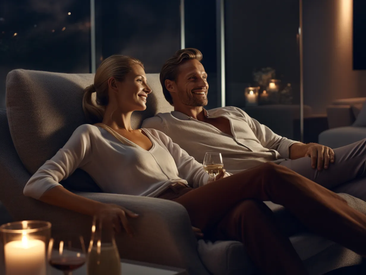 Couple relaxing in a candle lit ,cozy home living room.