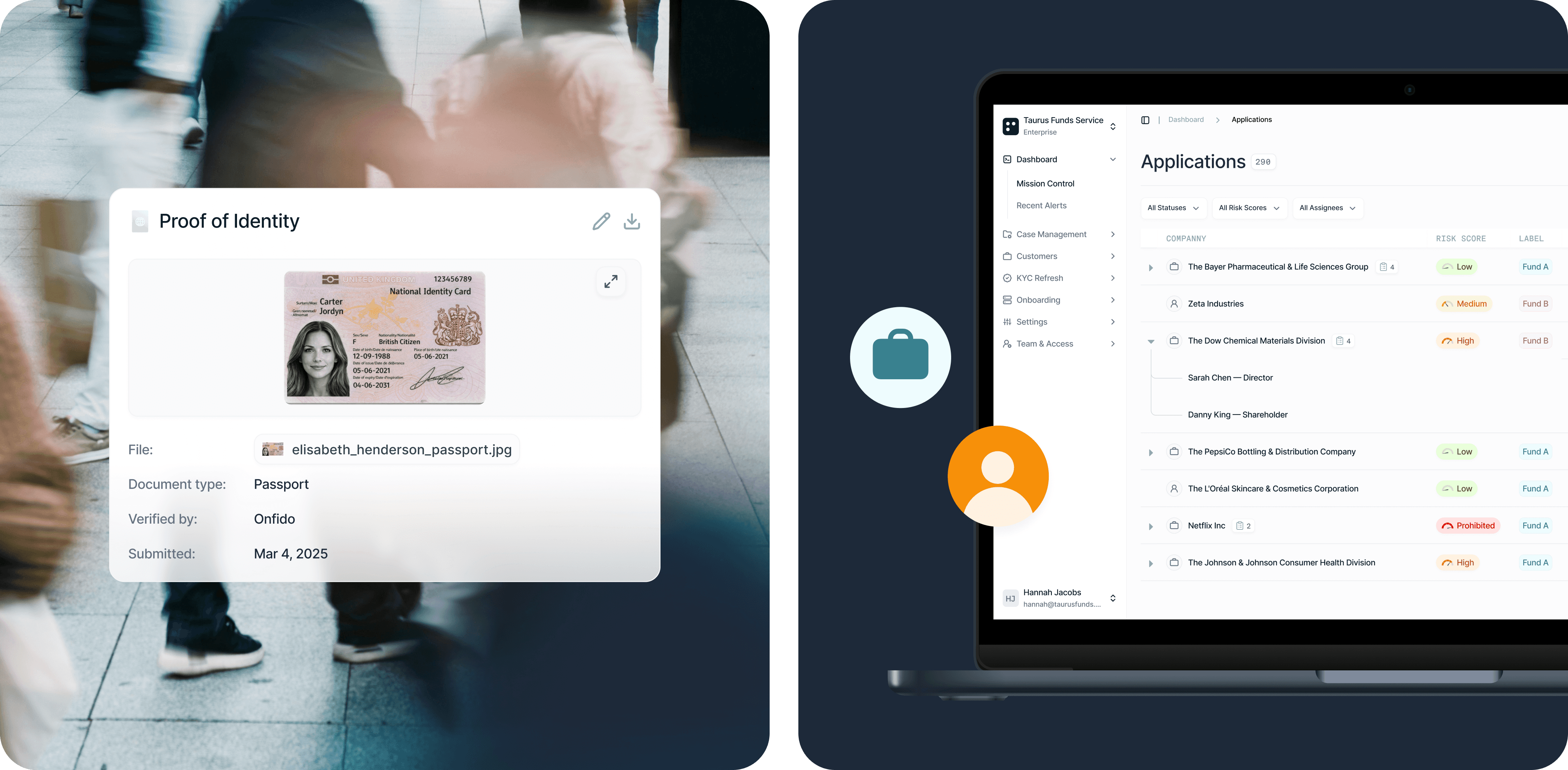 A split screen showing a video call interface on the left and a task list on a tablet on the right.