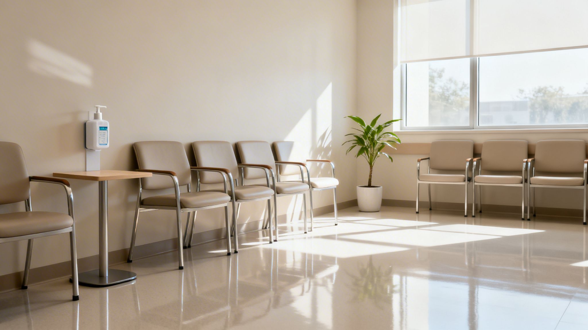 A clean, modern medical waiting room with several empty chairs, a hand sanitizer station, and a plant by a window.
