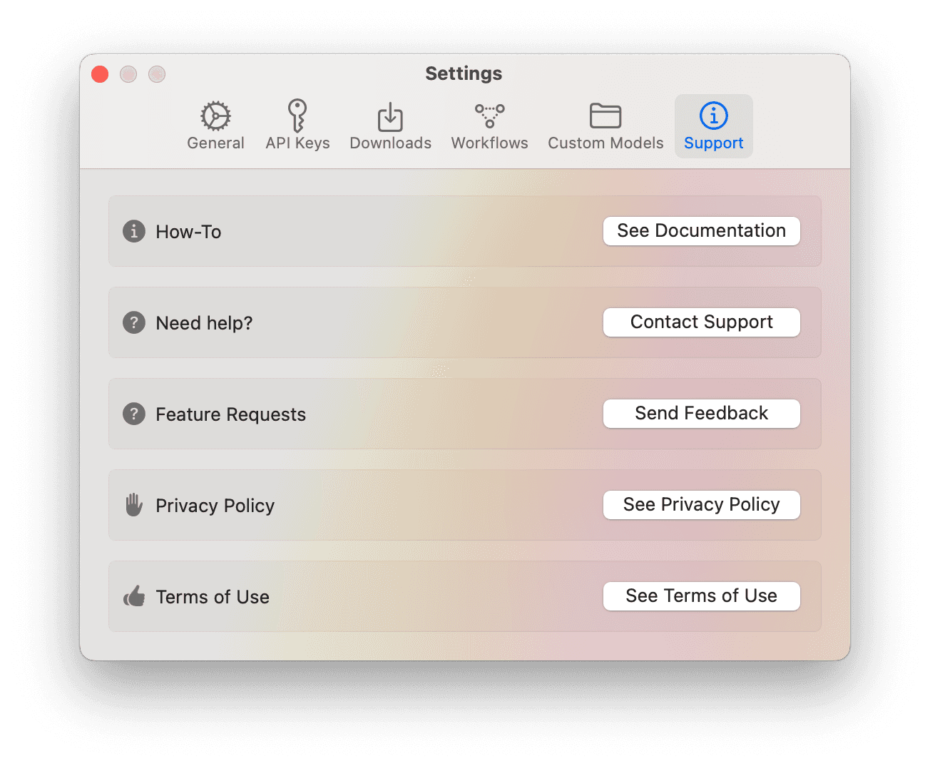 Odyssey settings bar with support selected