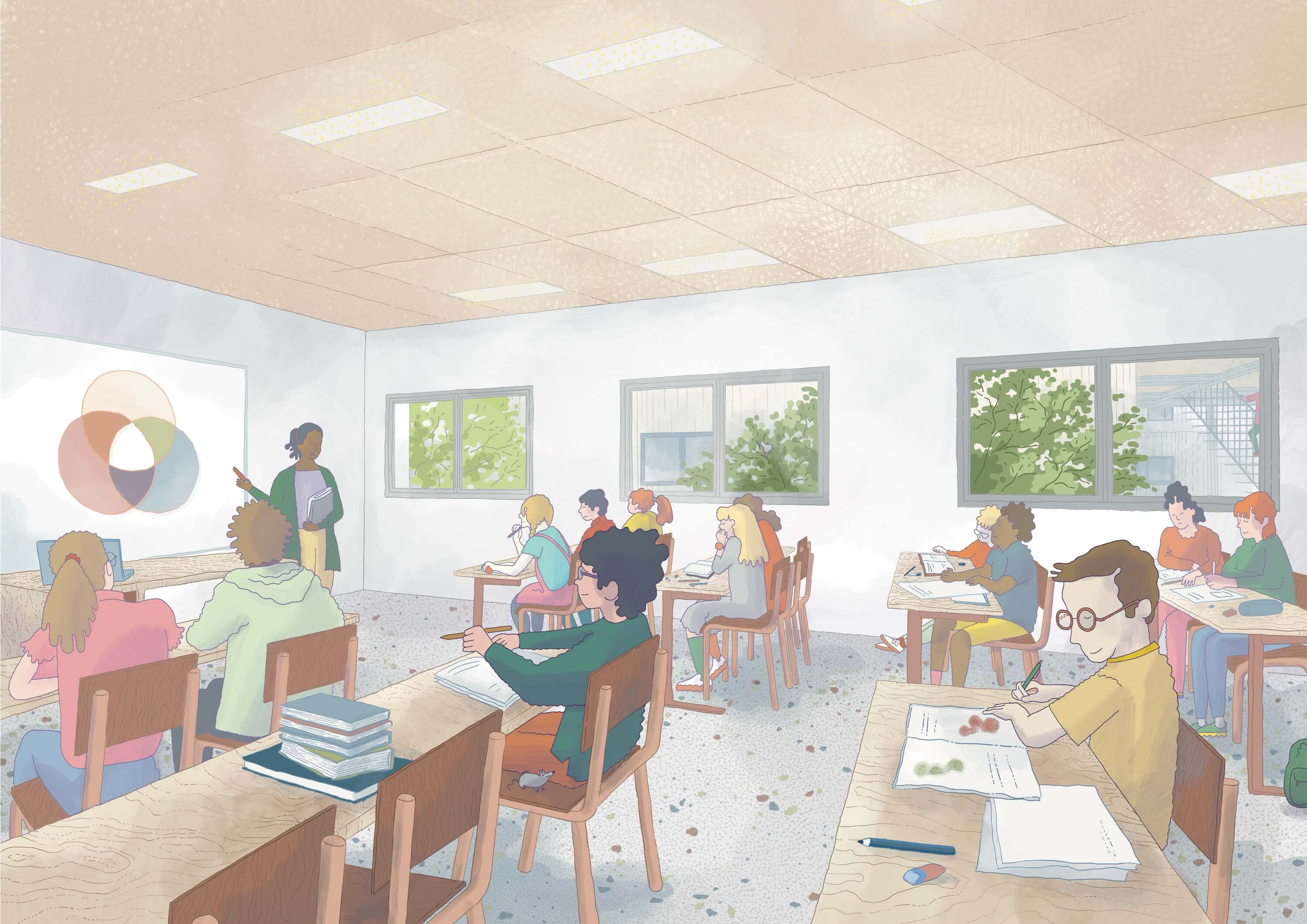 A bright and airy café scene with people seated at tables, chatting and enjoying the space. Large windows and greenery.