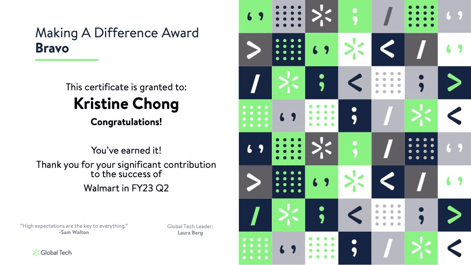 Making A Difference Award Certificate for Kristine Chong