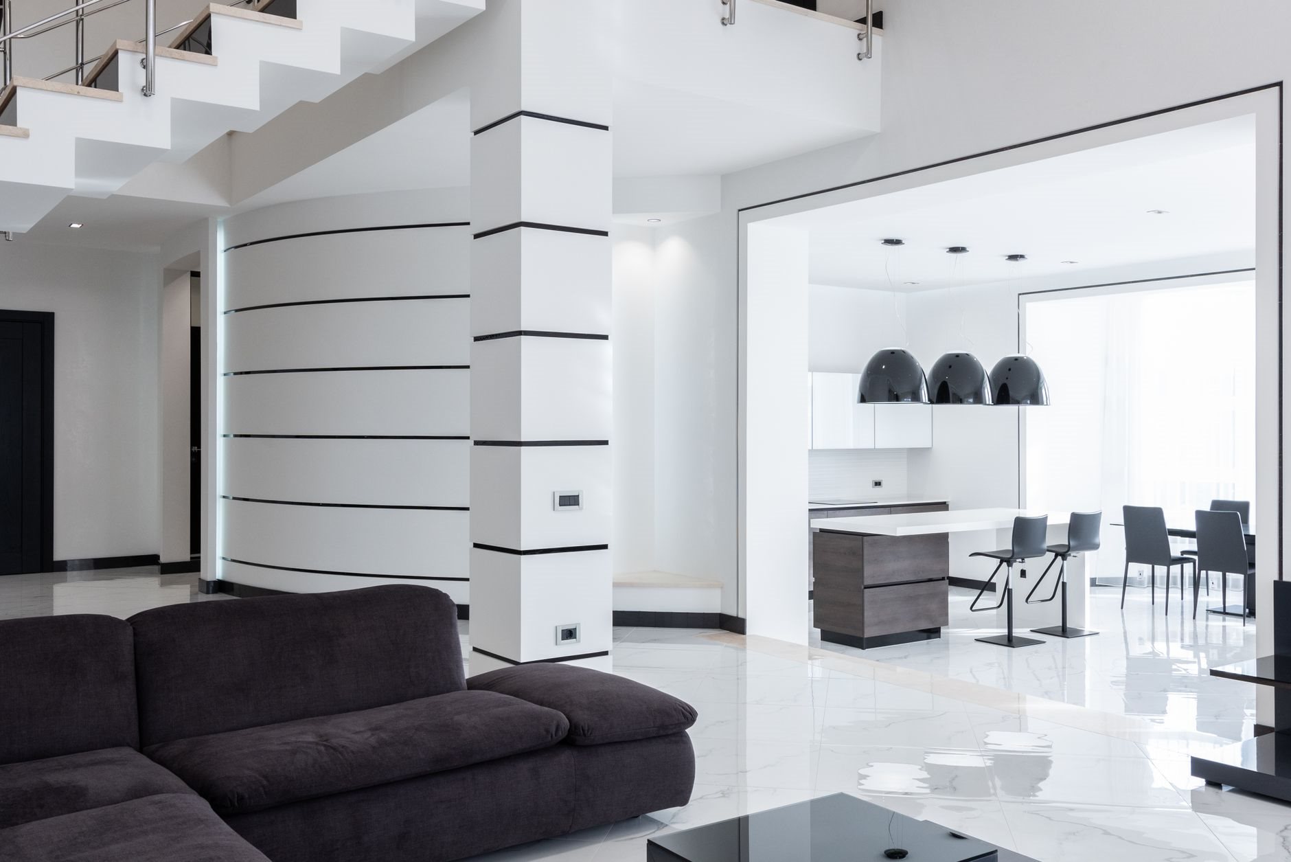 Spotless, bright open-plan interior