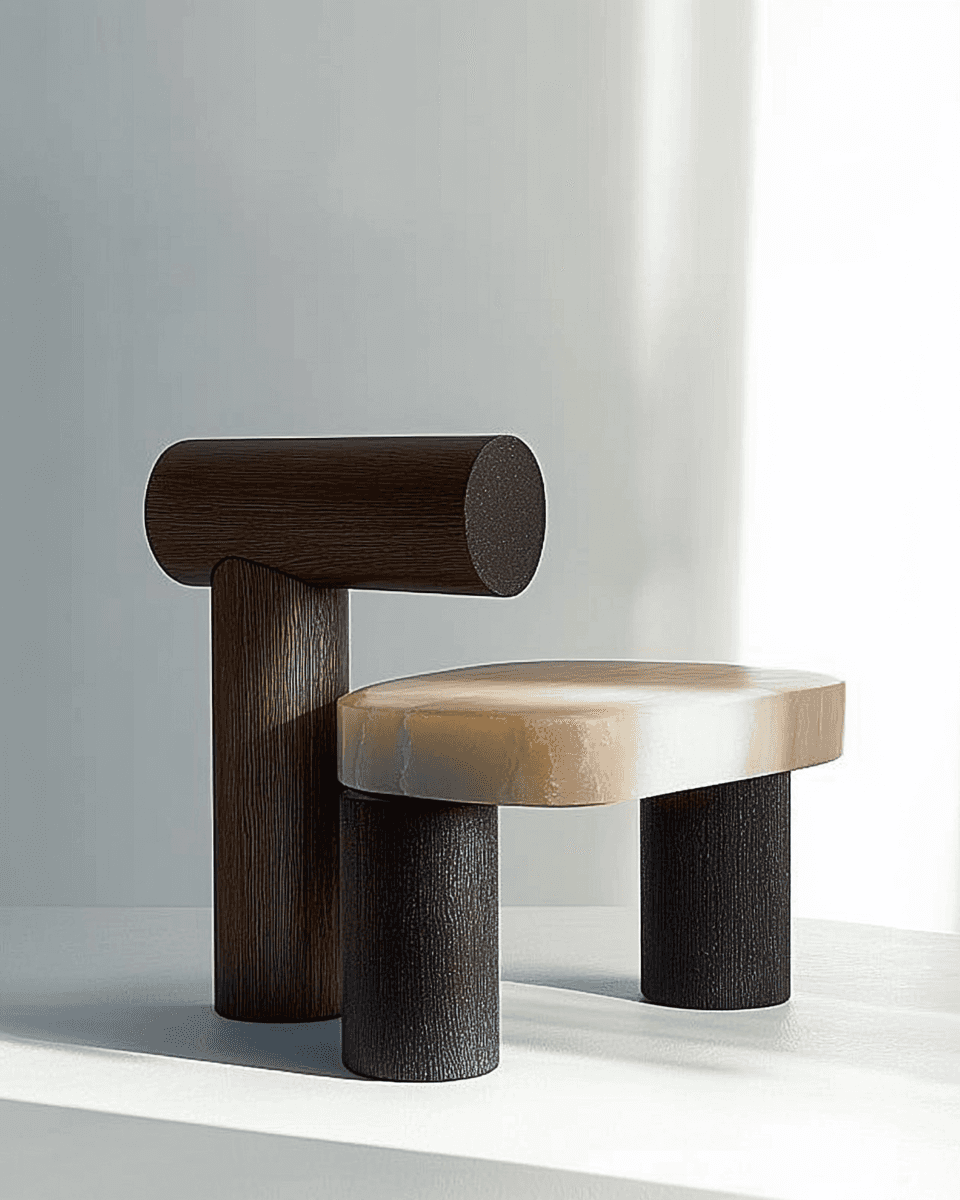 Bodhi Seat & backrest_ A piece of curved, polished  Snow White Onyx as seating Legs and frame_ Precision-cut, matte  finished Oak wood ebonised stained legs Onyx seat/backrest to Oak wood frame_  Invisible epoxy connectors with stainless  steel pins, miter joint between woods