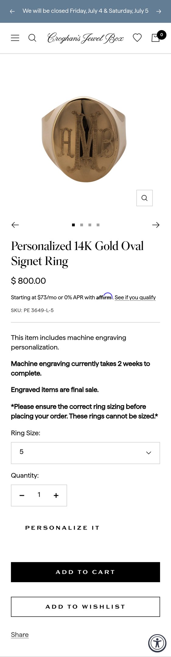 Jewelry product options include: ring for Personalized 14K Gold Oval Signet Ring from Croghan's Jewel Box.