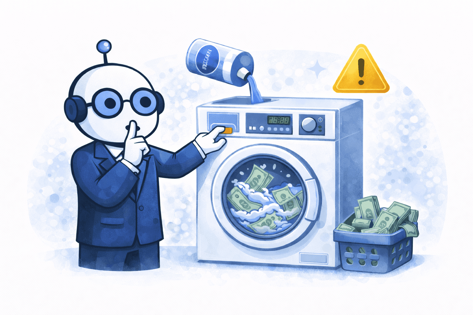 Robot symbolicznie przedstawia pranie pieniędzy przy użyciu pralki i gotówki