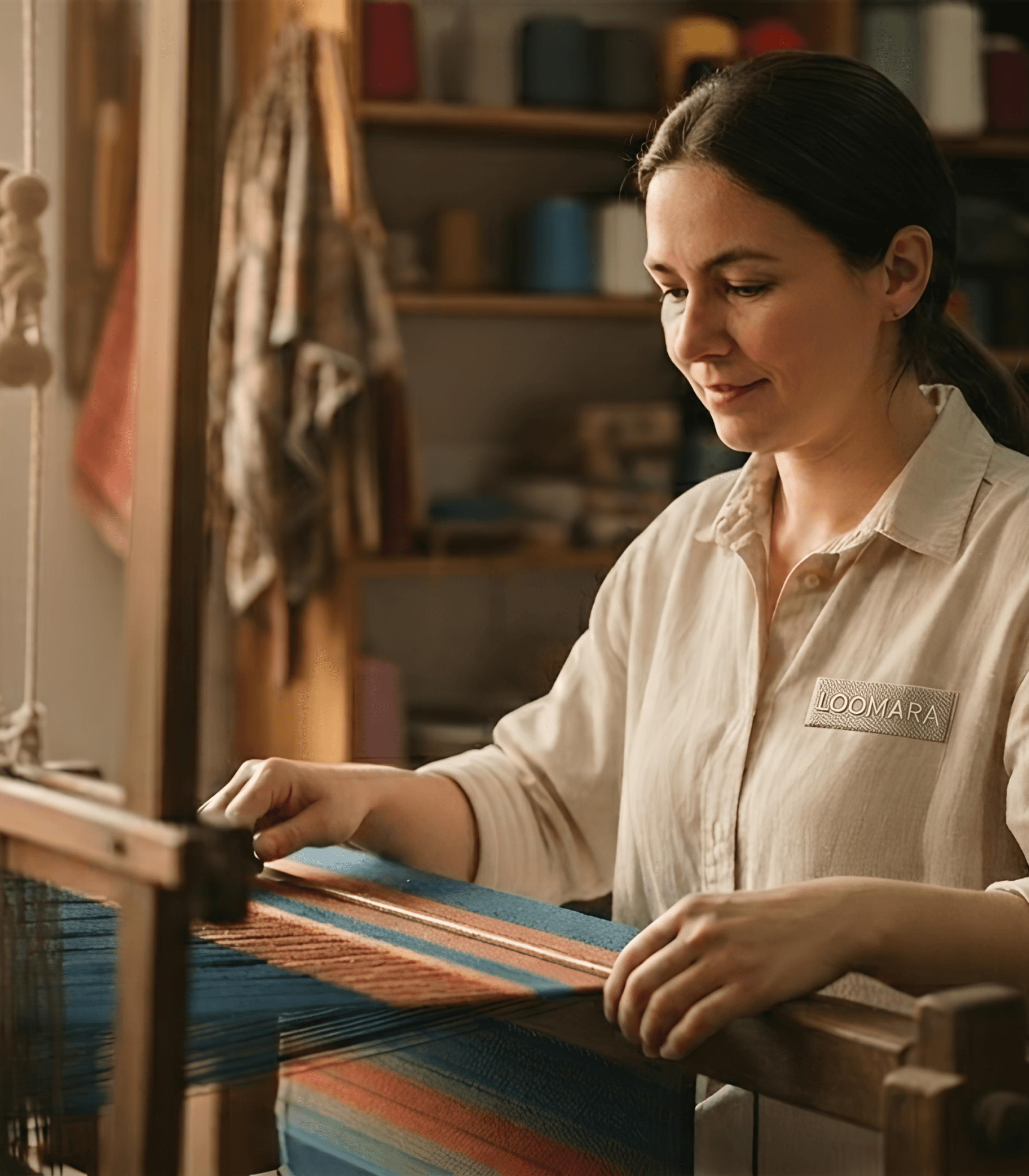 Woman focused at a loom wearing a Loomara-branded shirt, capturing the artisanal craftsmanship behind precision textiles