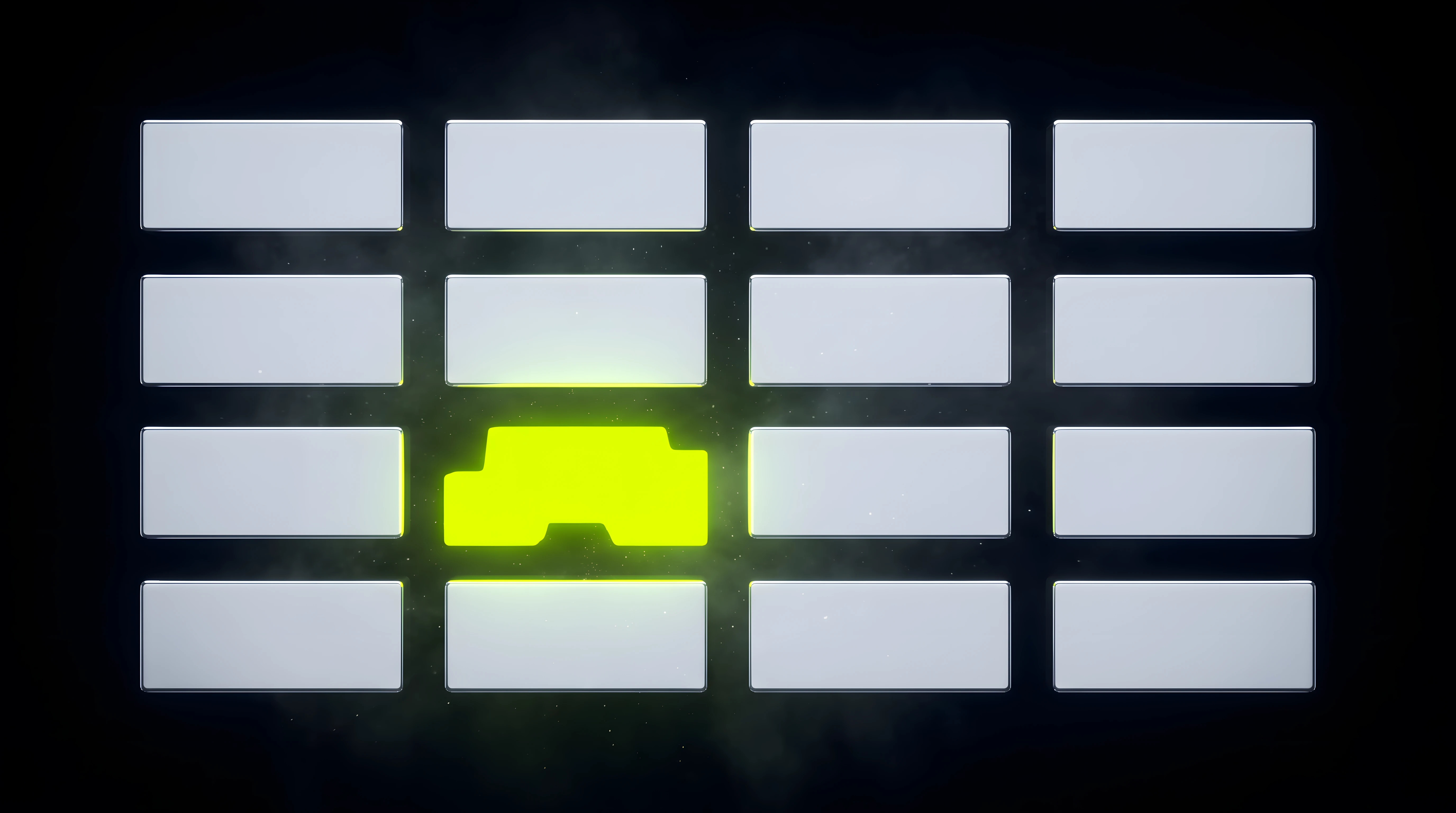 A grid of identical liquid chrome rectangles on deep void black with one cell holding a dissimilar toxic lime form, representing the cover image that survives being shrunk to a thumbnail.
