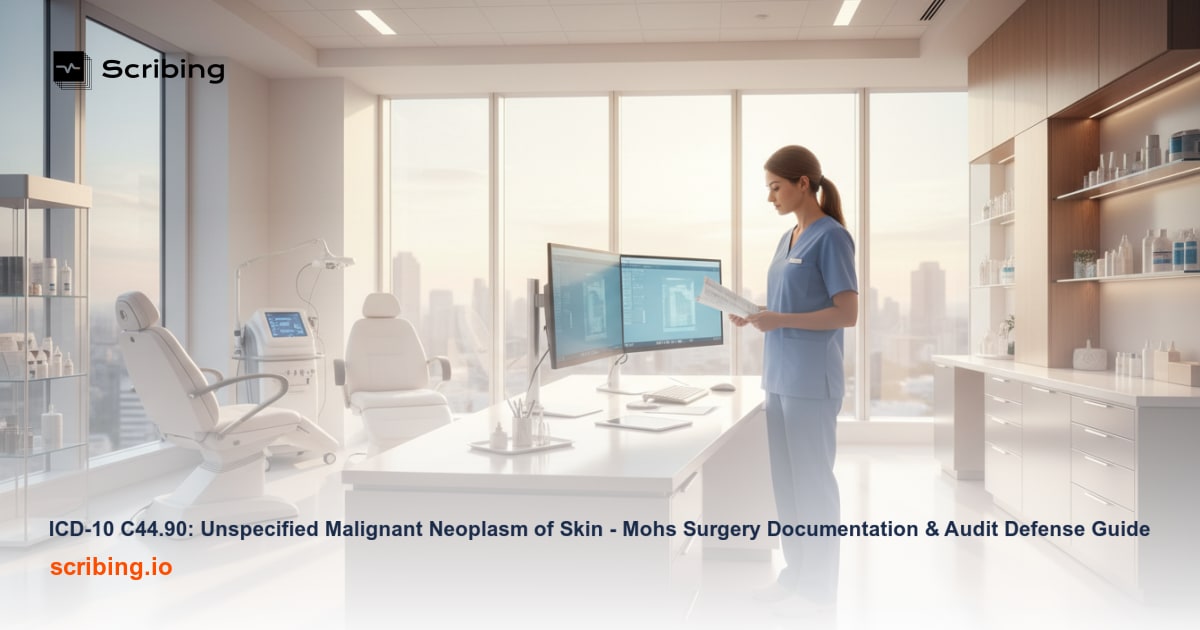 Dermatologist performing skin examination in a Mohs surgery setting, illustrating ICD-10 C44.90 coding and documentation for malignant skin neoplasm procedures