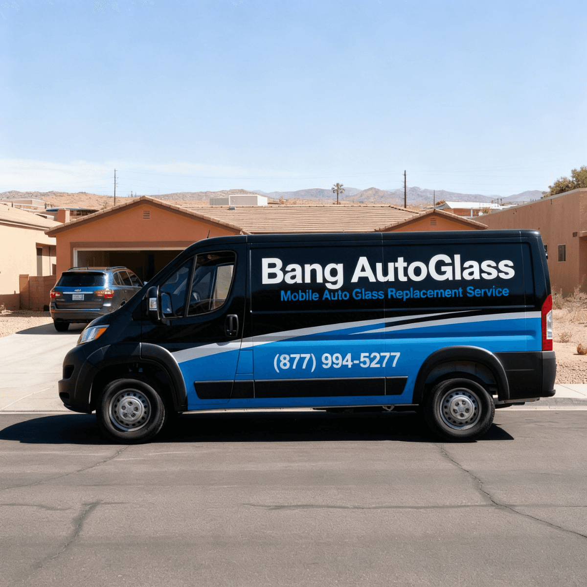 Bang AutoGlass van arriving at a Scottsdale, AZ property to deliver top-tier mobile windshield replacement service