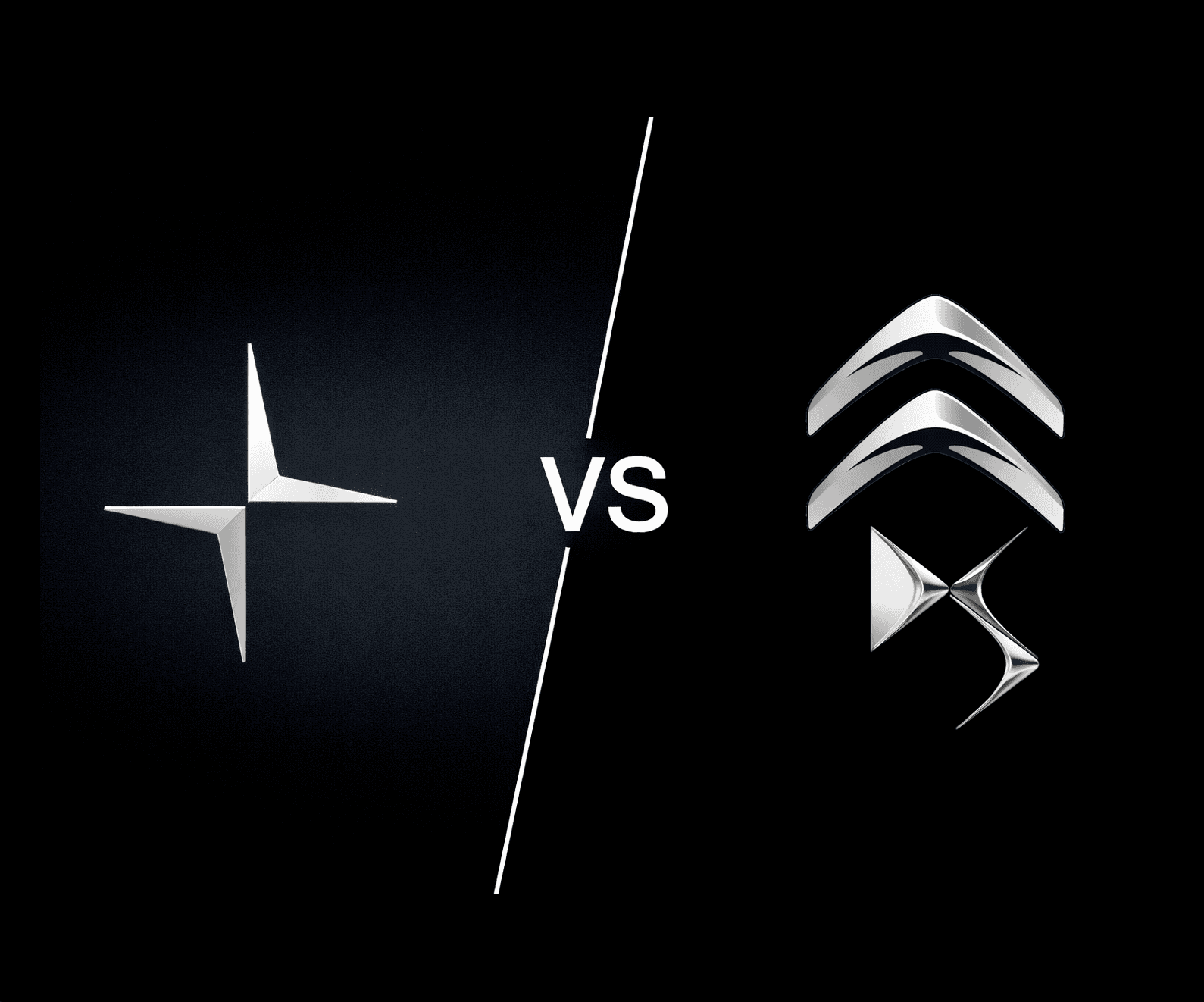 Logo Polestar face aux logos Citroën et DS sur fond noir, illustrant l’arrivée de Polestar en France en 2026, et l'affaire qui a opposé Polestar à Citroën..