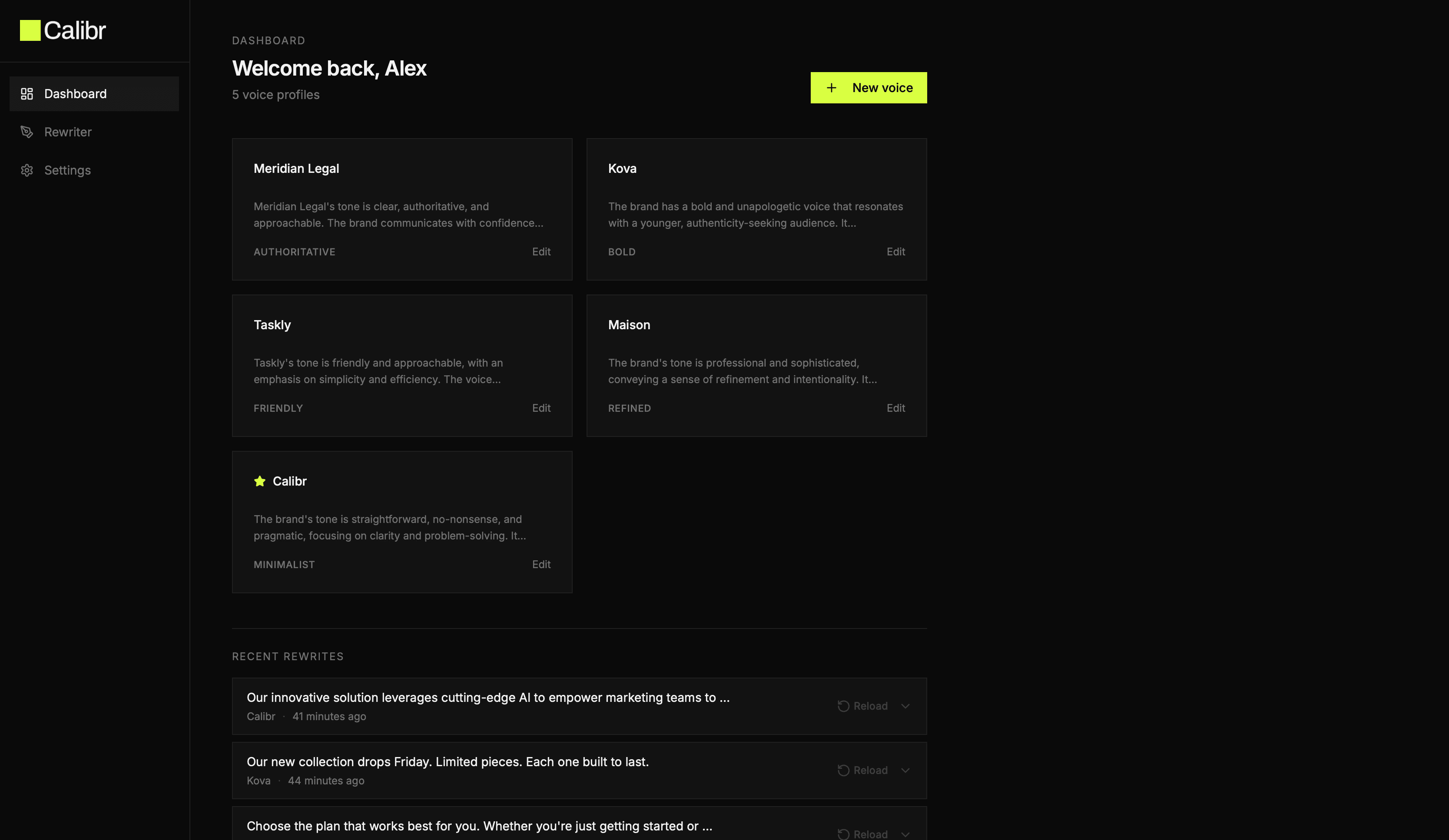 Calibr dashboard showing five brand voice profiles: Meridian Legal (Authoritative), Kova (Bold), Taskly (Friendly), Maison (Refined), and Calibr (Minimalist)