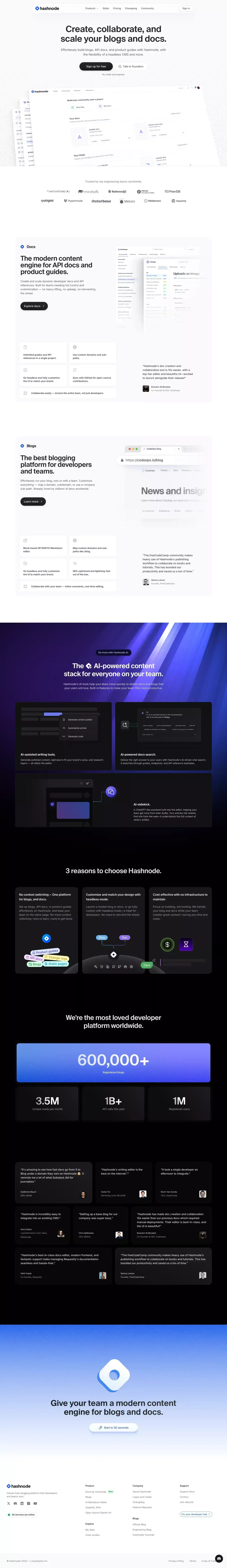 Hashnode landing page screenshot showcasing Tech and Writing design