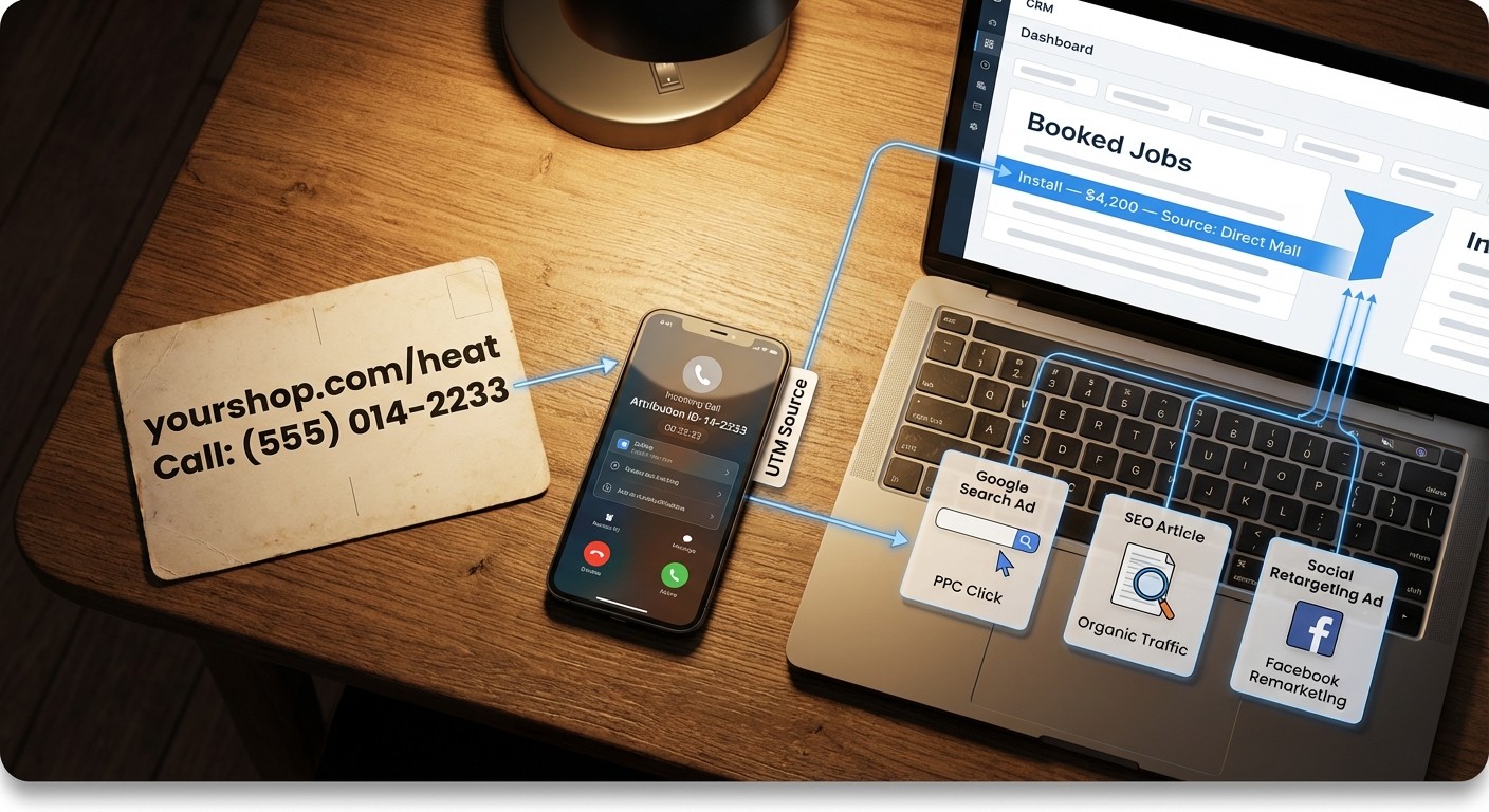 HVAC multi-channel attribution example linking direct mail, PPC, SEO, and social ads to booked jobs in CRM dashboard