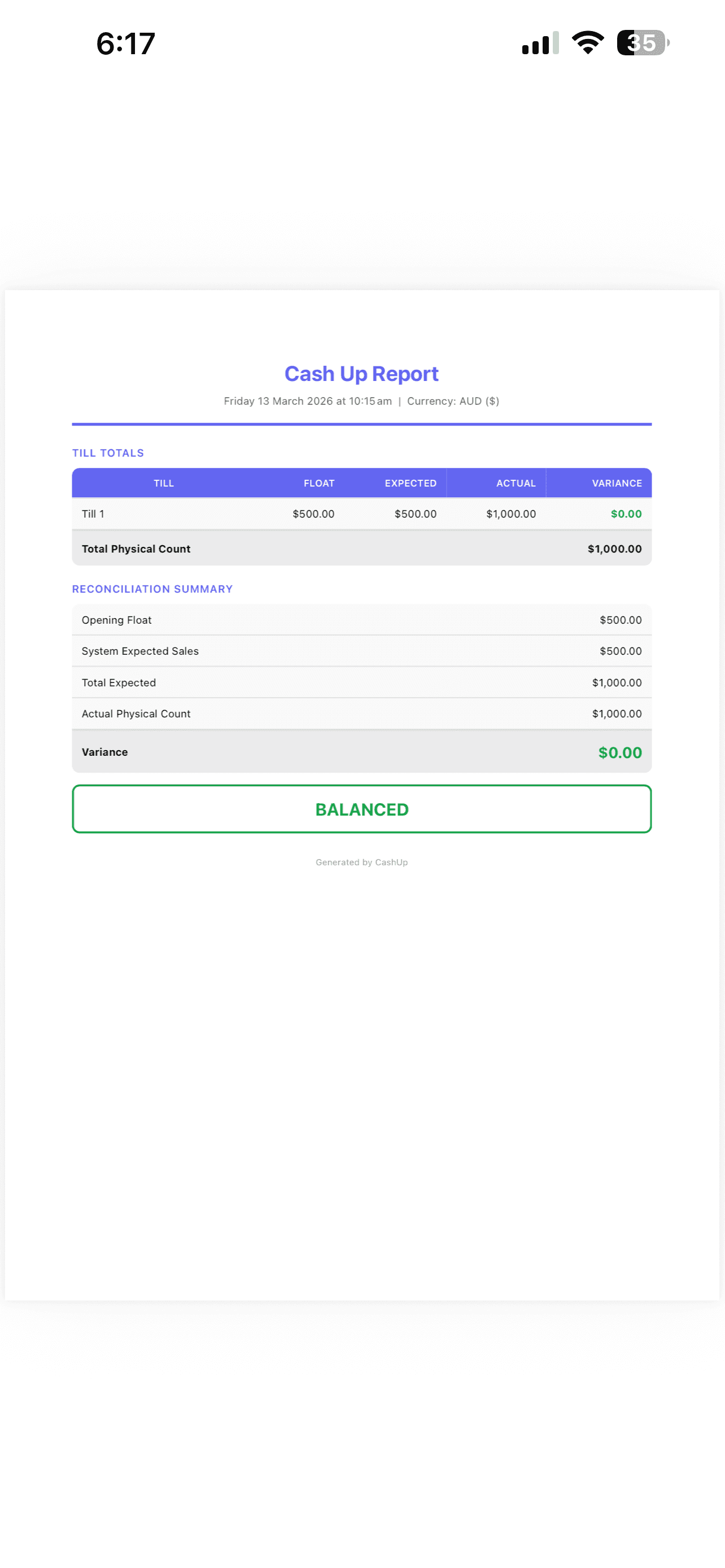 Cash up report with 3 tills including the till float, the til expected, the actual count and the variances between the 3 tills. Below the tills counts is a total physical count that results in a balanced till.