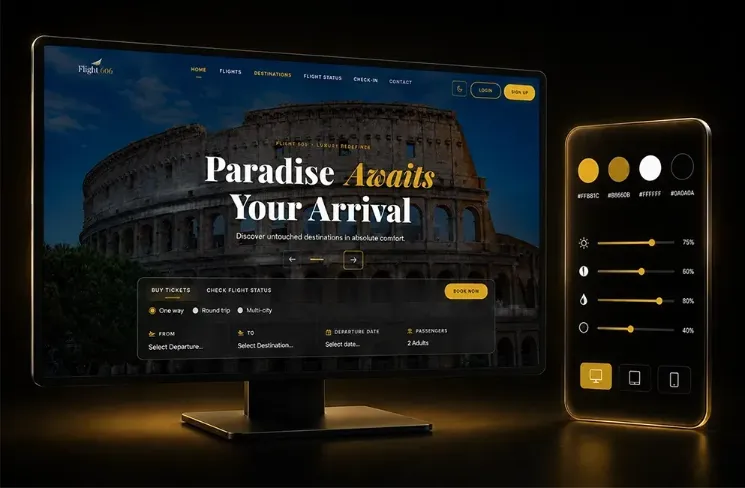 Luxury airline booking website UI design with dark gold theme, built by a Framer web developer