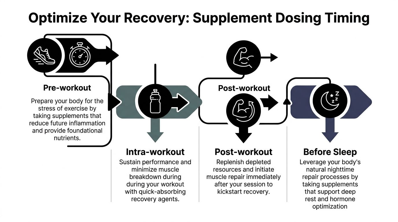 A diagram outlining the optimal timing for taking nutritional supplements across different phases of a workout routine.