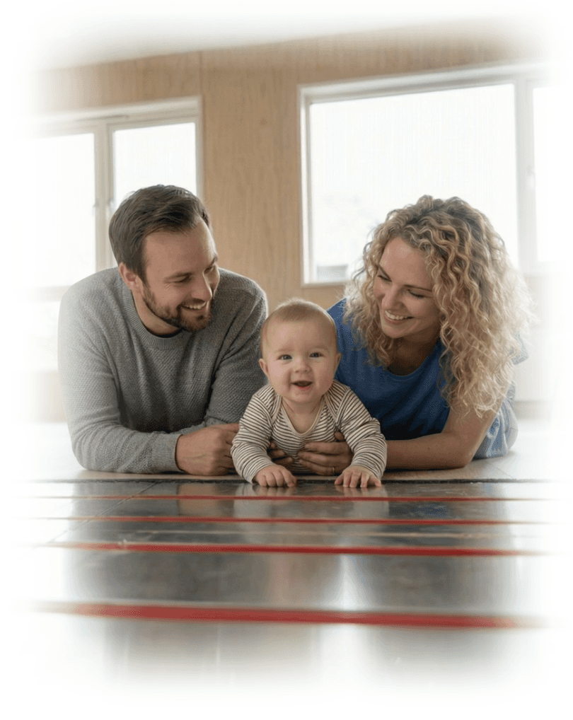 Header Bild für mobile Version mit einem Baby und einer Auflistung verschiedener Merkmale unserer Fußbodenheizung.