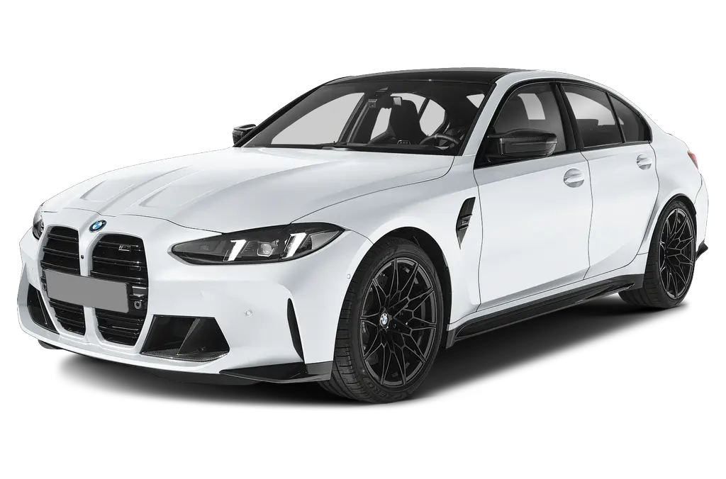 White BMW M3 Competition G80 sedan with black kidney grille and performance wheels.