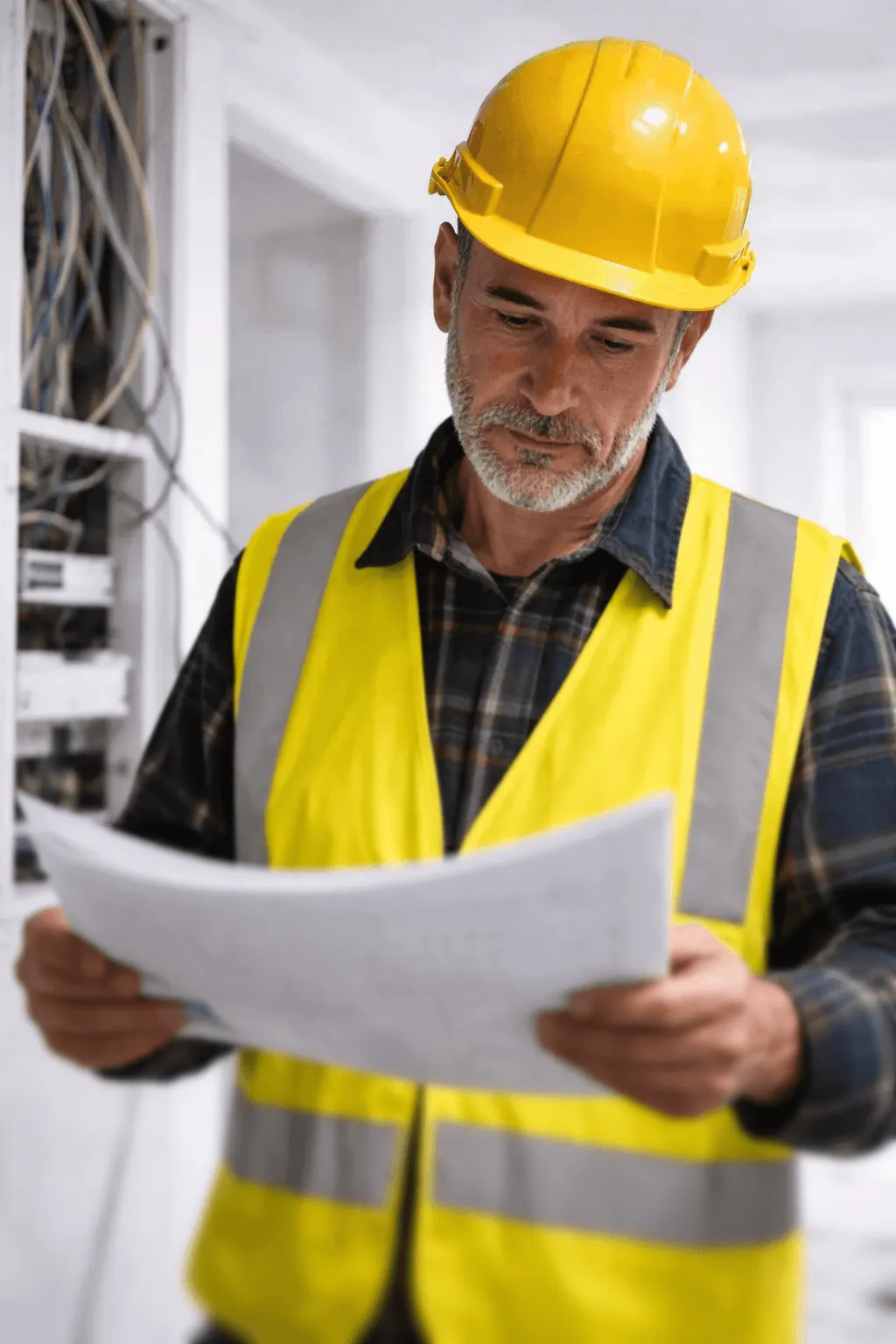 An electrician wearing a yellow hard hat