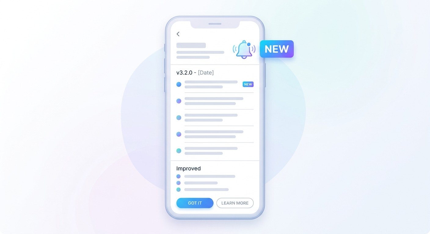 Smartphone showing a well-structured release notes screen with version number, new features badge, and changelog