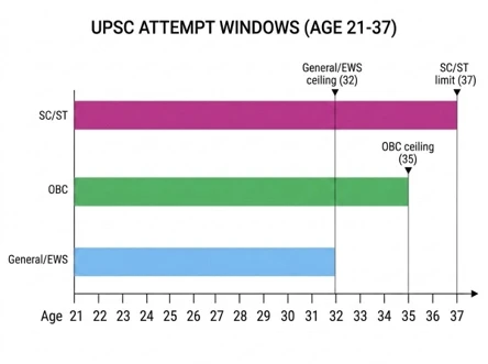 Timeline comparing UPSC attempt windows from age 21 to 37 across categories