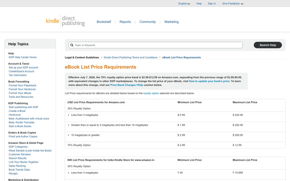 KDP’s eBook List Price Requirements page, showing the $2.99 to $12.99 band for the 70% royalty option