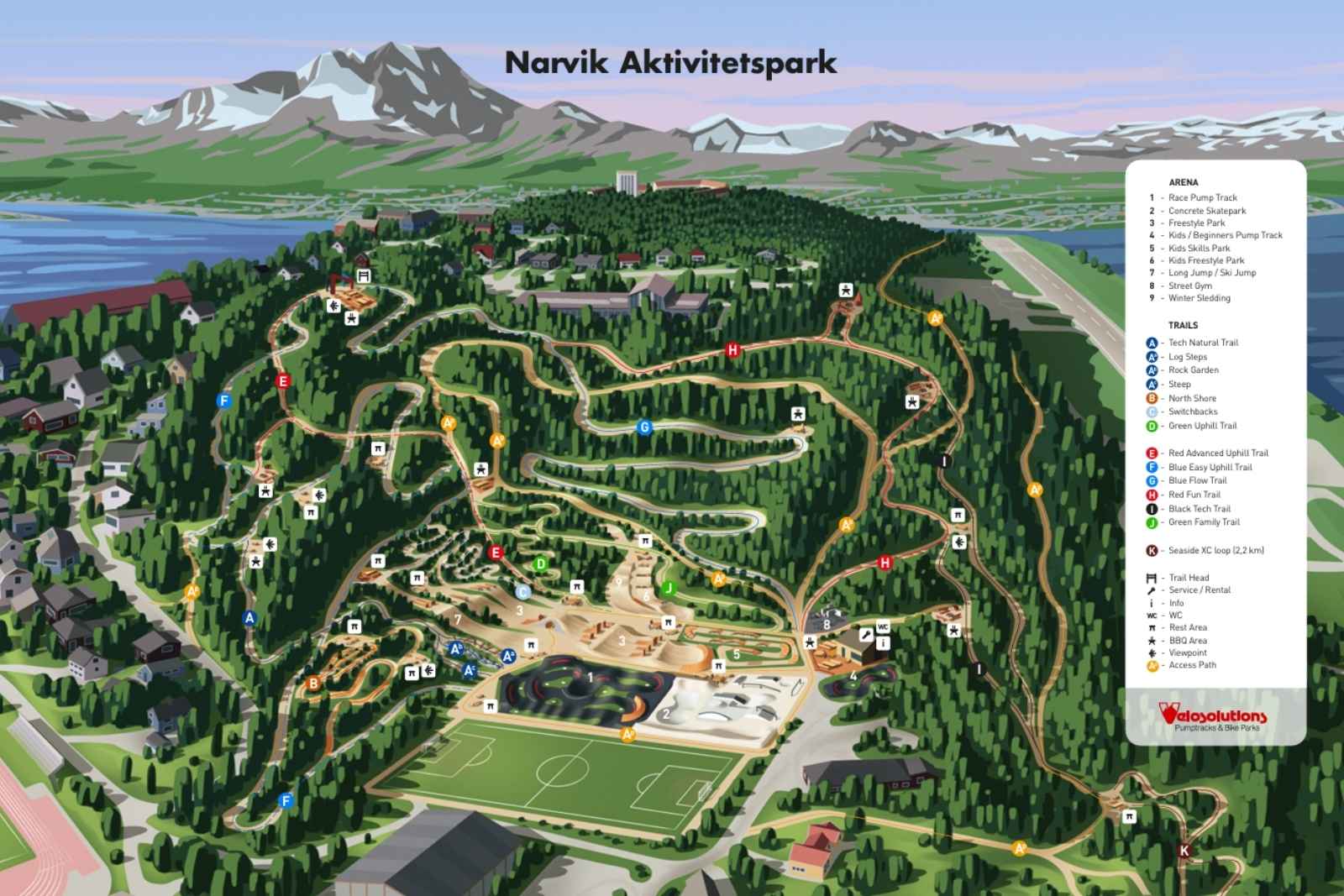 Illustrated activity park map displaying trail network, terrain elevation, landmarks, and labeled routes for orientation.