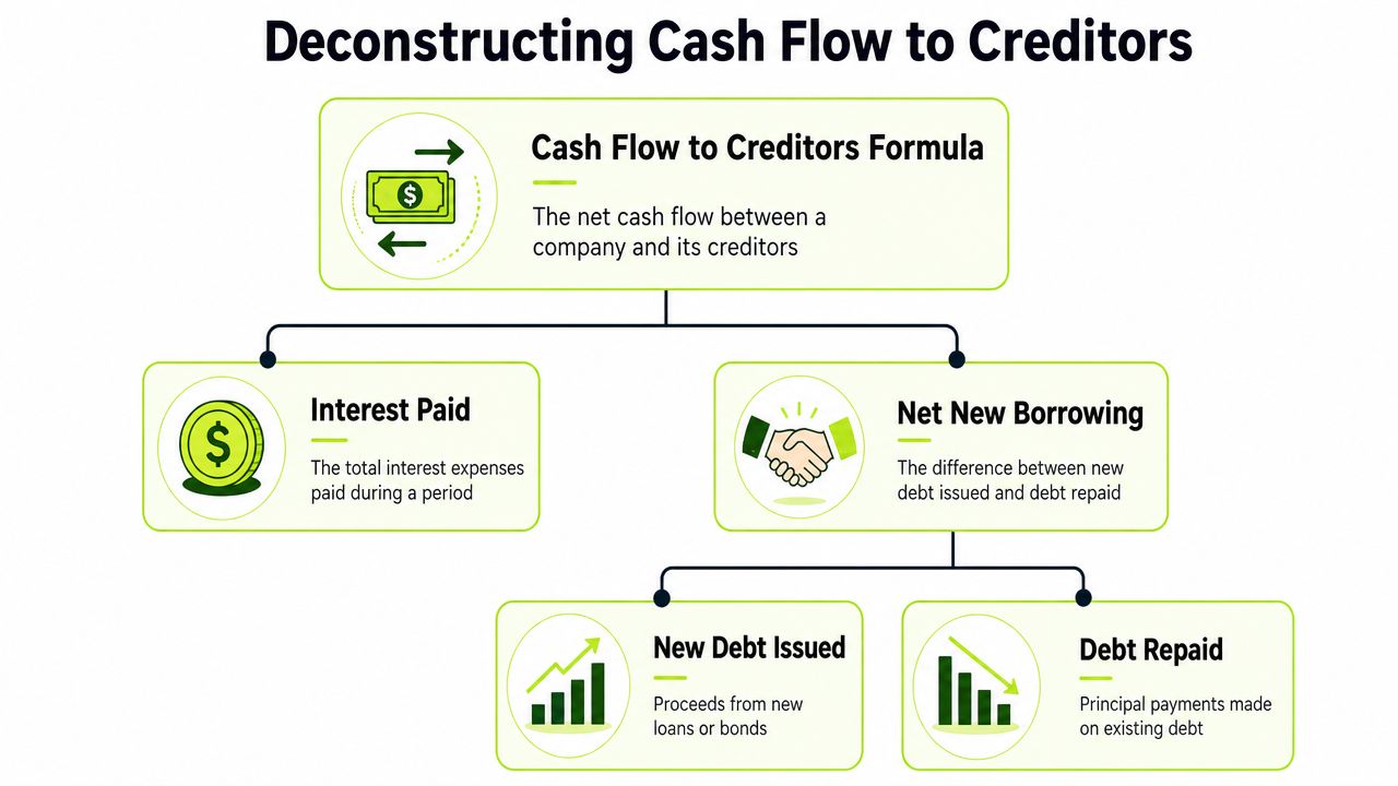 A diagram illustrating the components of the cash flow to creditors formula in corporate finance.