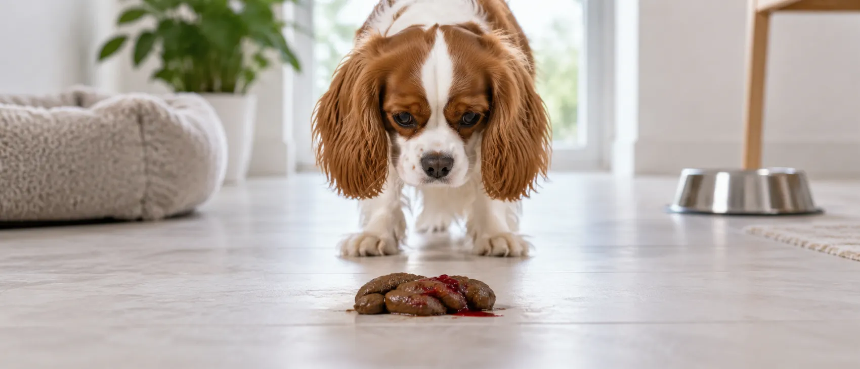 A Cavalier King Charles Spaniel standing near a stool sample with visible blood.