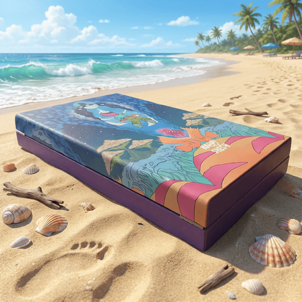 Close-up view of the open "Happy Shesh" backgammon board, showing the unique purple and green custom illustrations on the triangles.