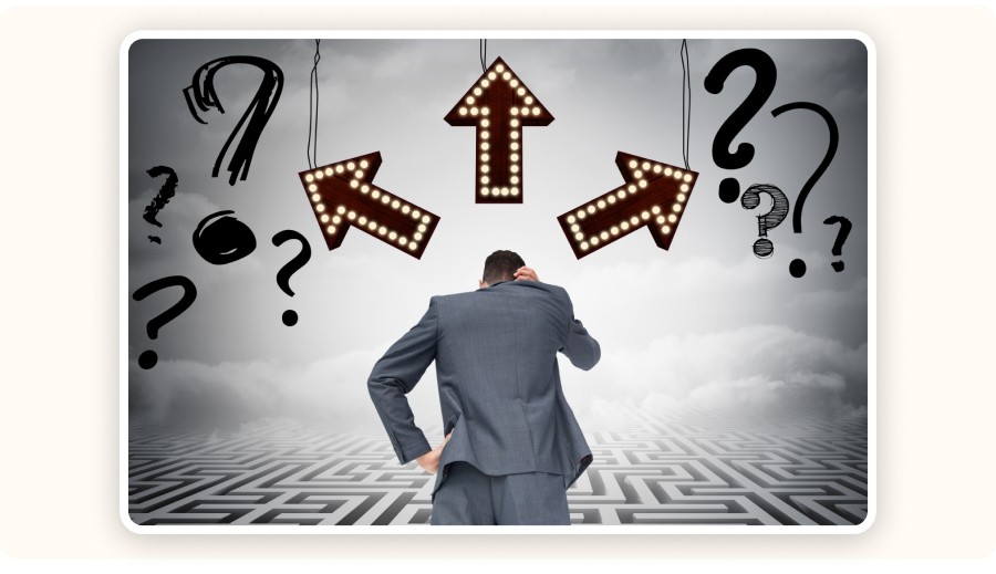 Man facing several illuminated arrows