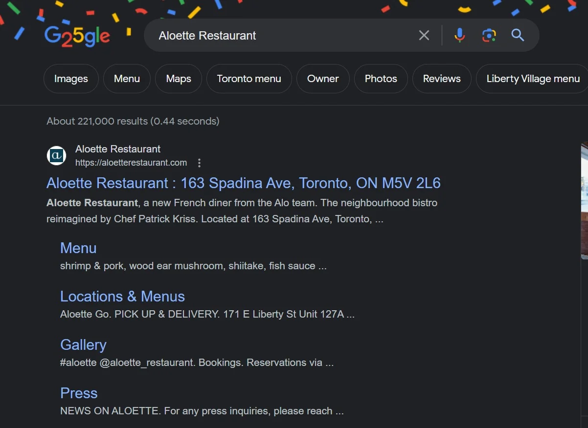 Google search result showing title tag for local seo for restaurants