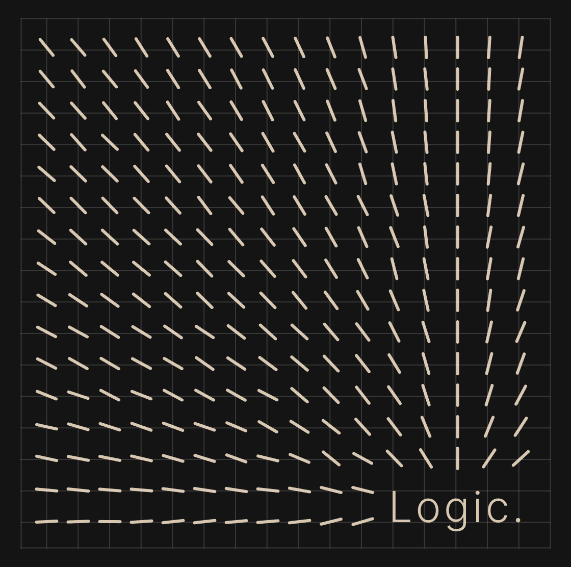 A grid of thin lines all pointing to the word Logic as if the word is magnetic