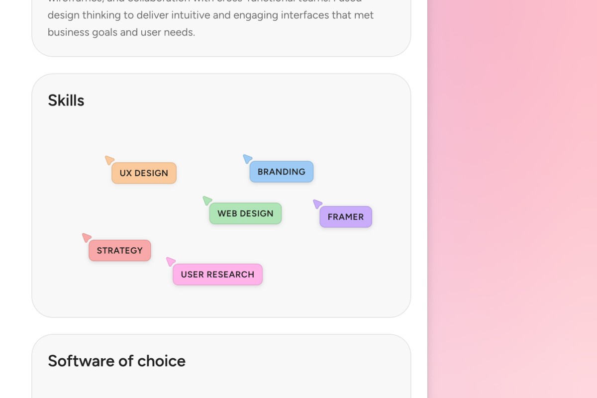 Zoomed in detail of skills section of Prisma Portfolio Framer template