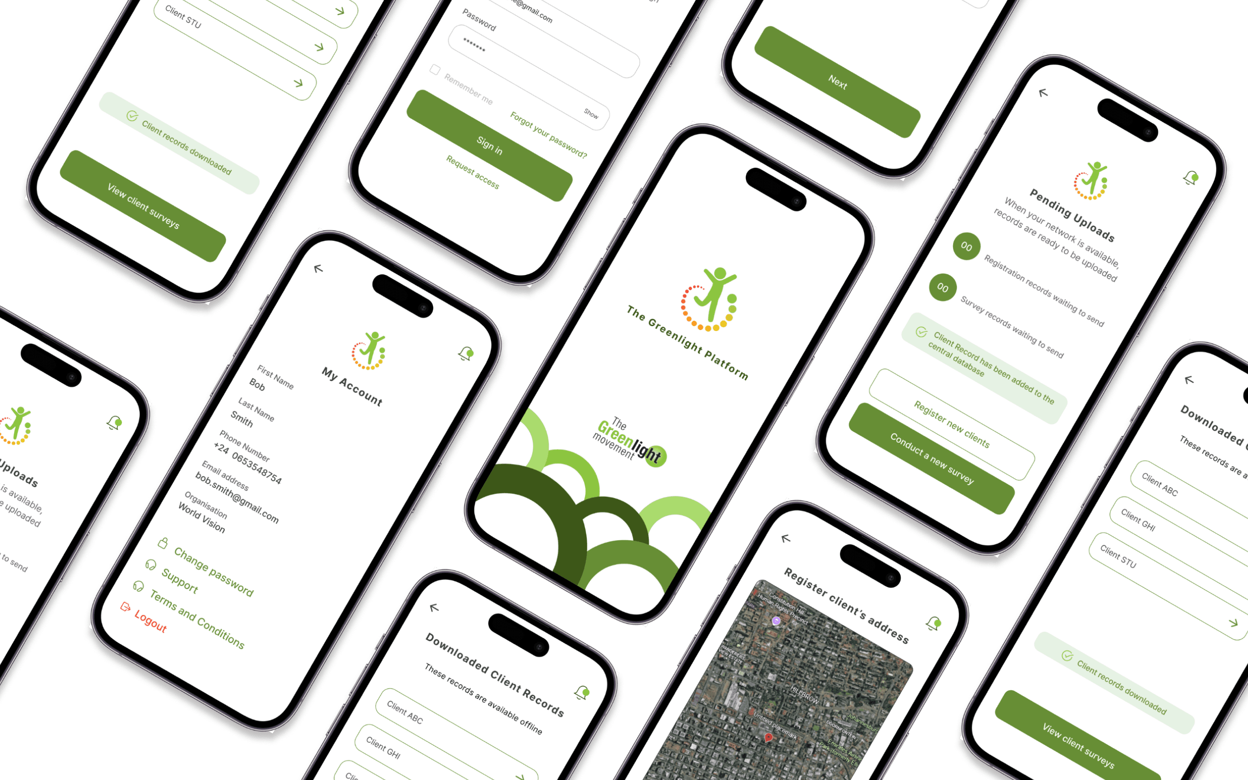 Mockups of a mobile app for The Encouragement Project, showcasing various screens including profile, forms, and map views.