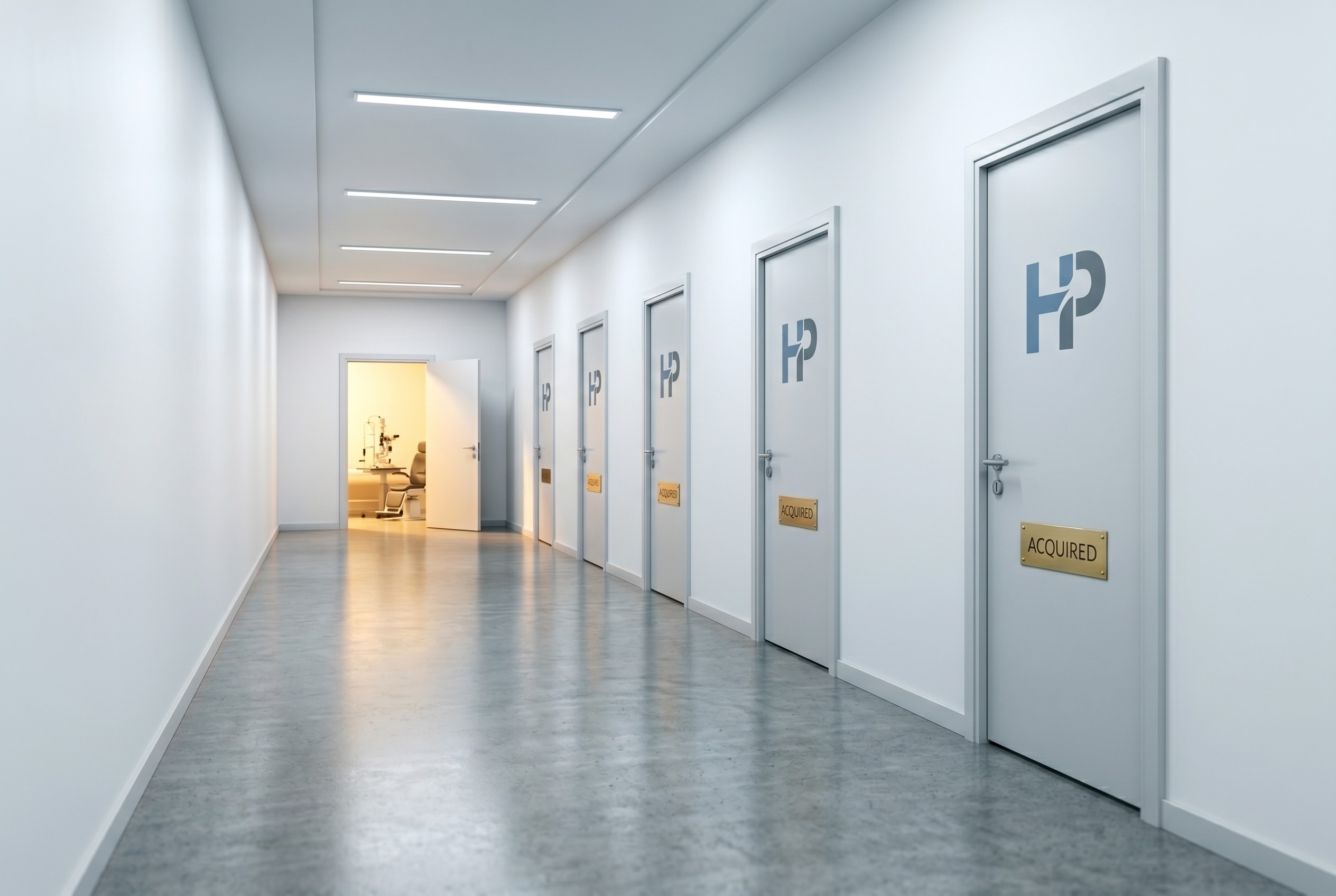 Hospital corridor with five doors where four are closed with corporate logos and acquired plaques and the fifth is open with warm light and slit lamp exam room visible inside