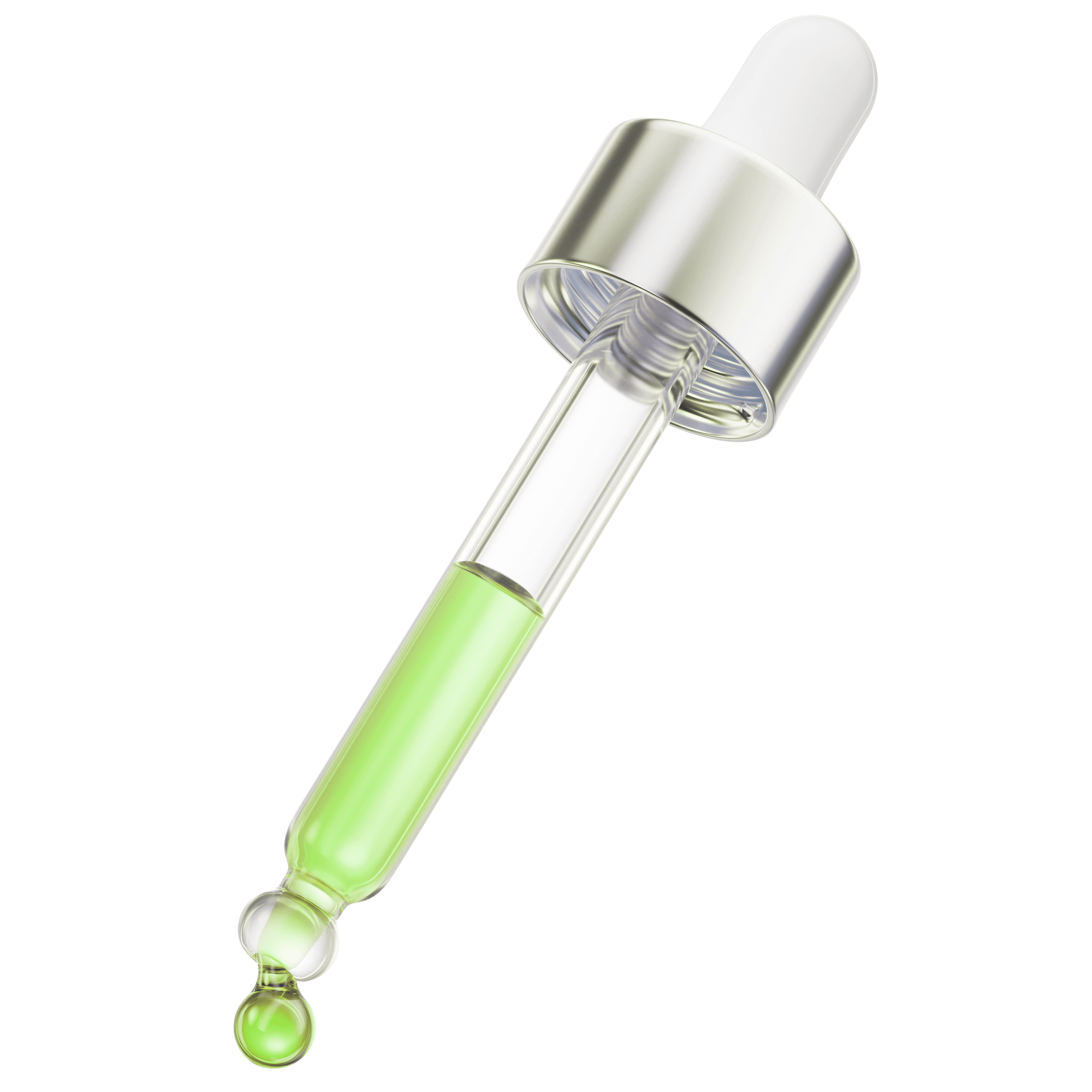 A glass dropper with a rubber top holds a green liquid, with a drop forming at the tip.