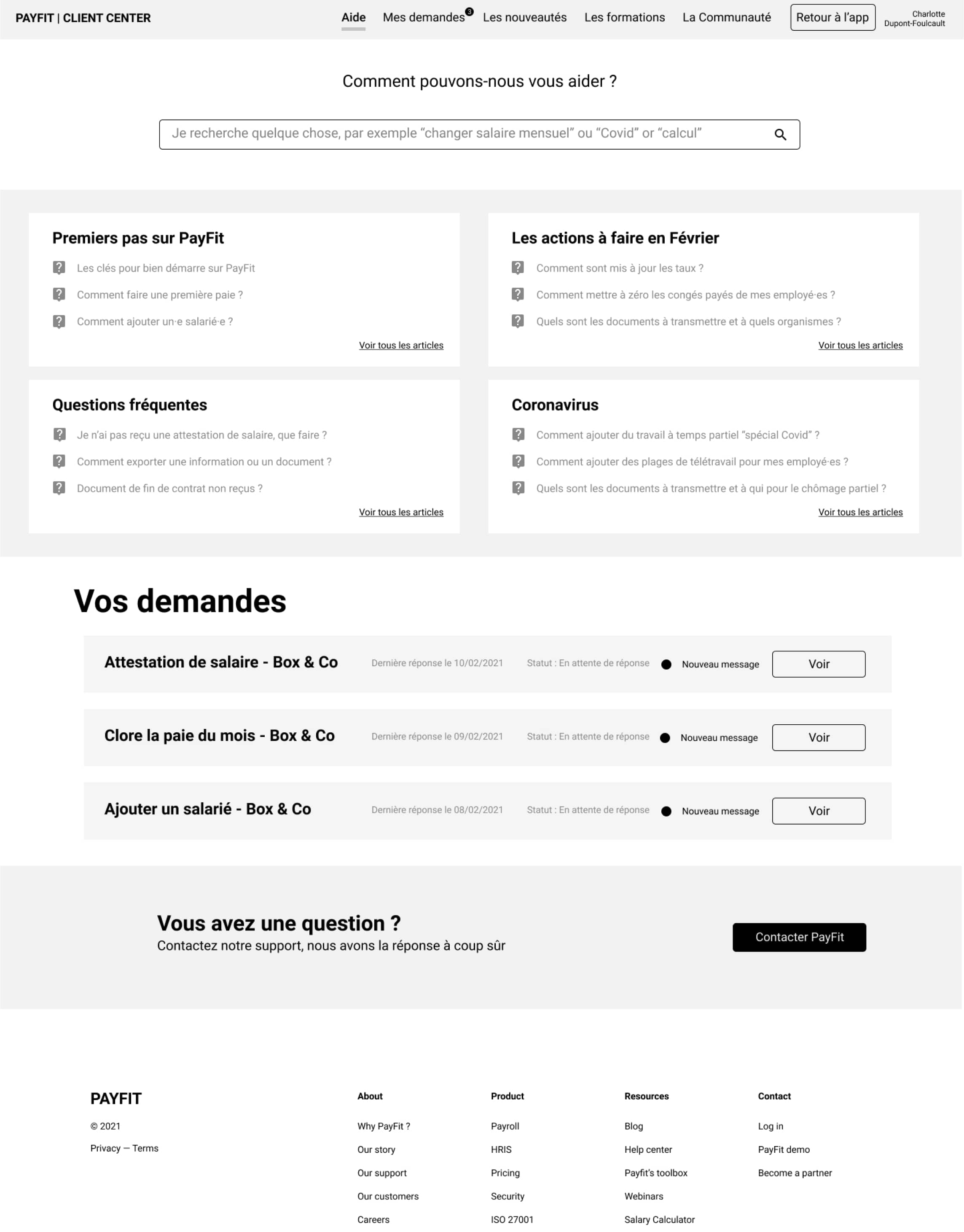 Wireframes mid-fidelity du help center PayFit — homepage générique, homepage contextuelle par pays, et page article, réalisés pour tester les parcours utilisateurs internes et clients.