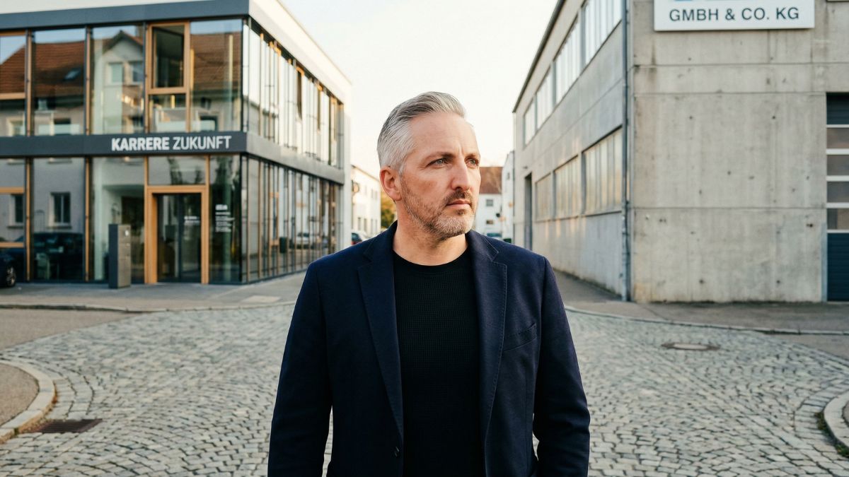 Bewerber steht vor zwei Firmengebäuden und entscheidet sich — Arbeitgeberattraktivität	