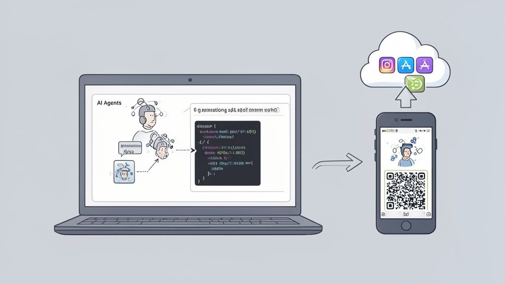 A laptop displays AI agent diagrams and code, illustrating mobile app integration with a smartphone and cloud services.