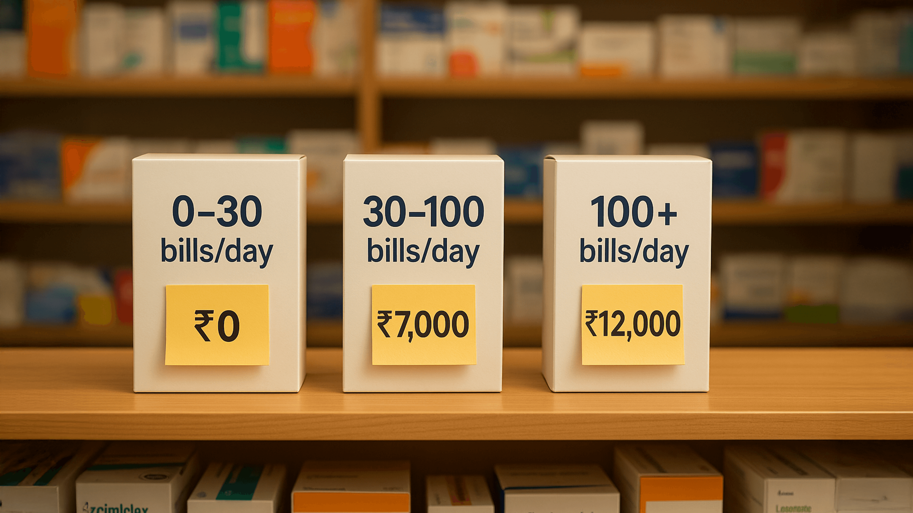 Pharmacy Pro pricing plans for different billing volumes — free for 0–30 bills/day, ₹7,000 for 30–100 bills/day, and ₹12,000 for 100+ bills/day.