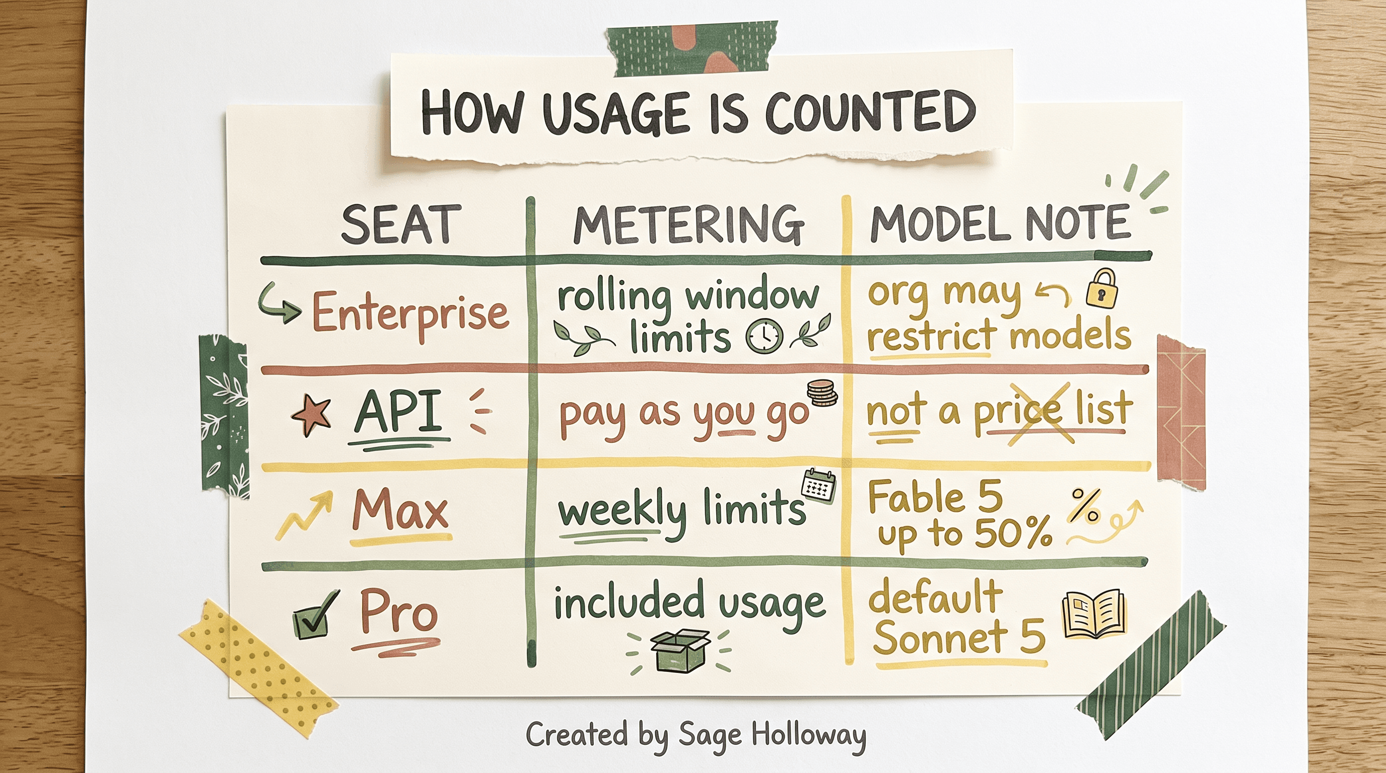 Table of Claude Code usage metering for enterprise seats versus API billing and the Fable 5 weekly cap
